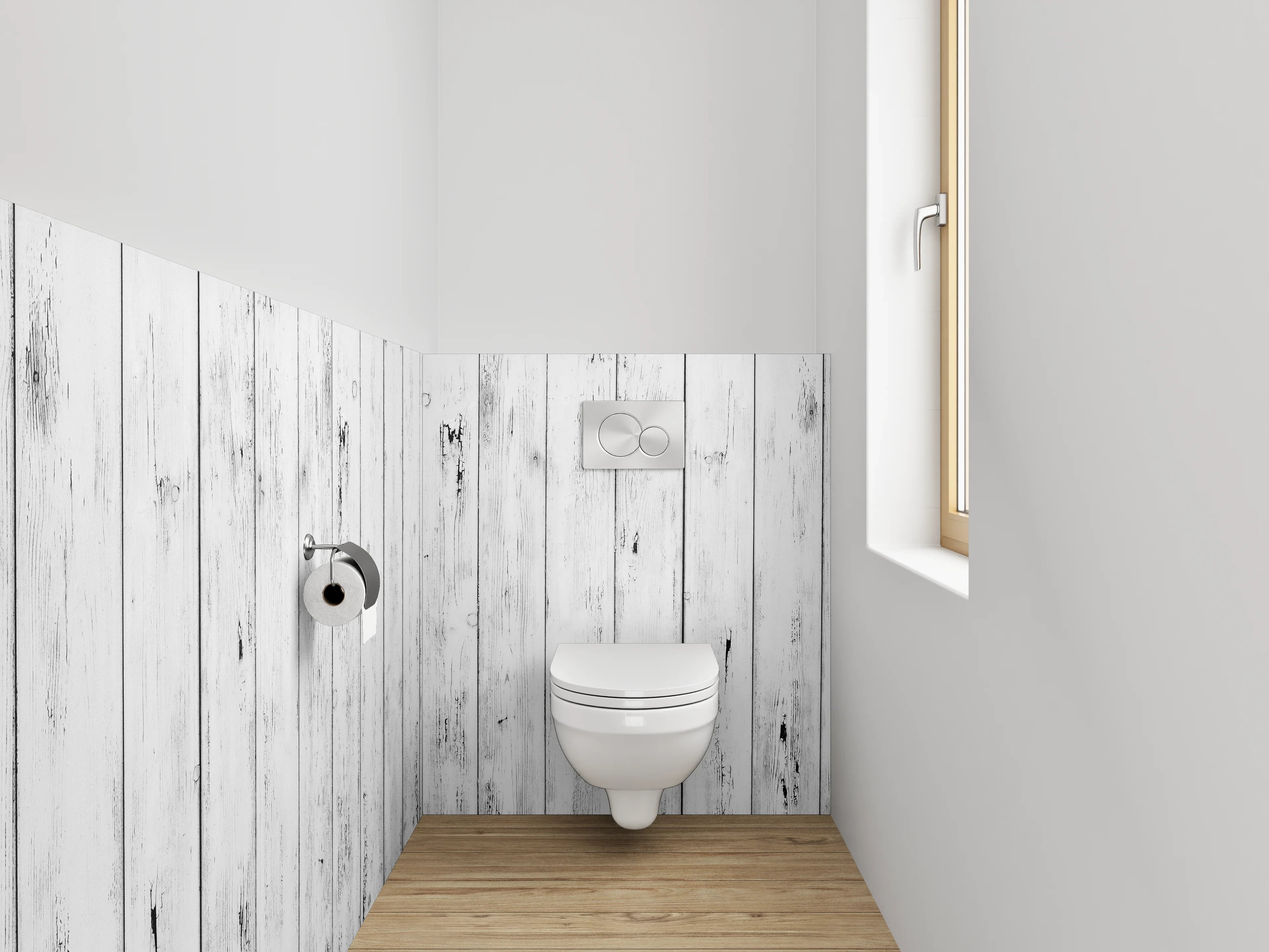 WC-Rückwand - Weiß-graue Vintage-Holzoptik