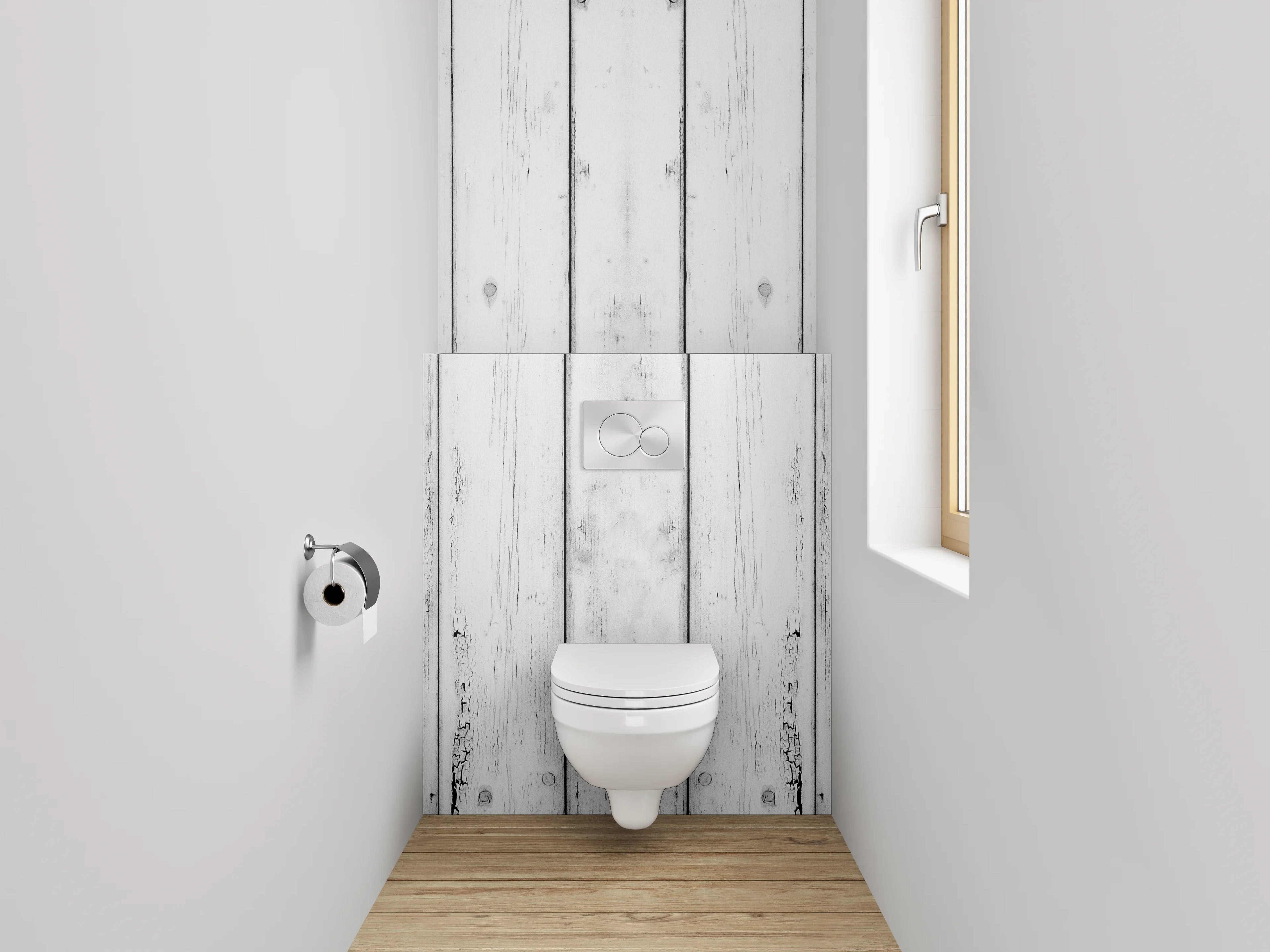 WC-Rückwand - Weiß-graue Vintage-Holzoptik