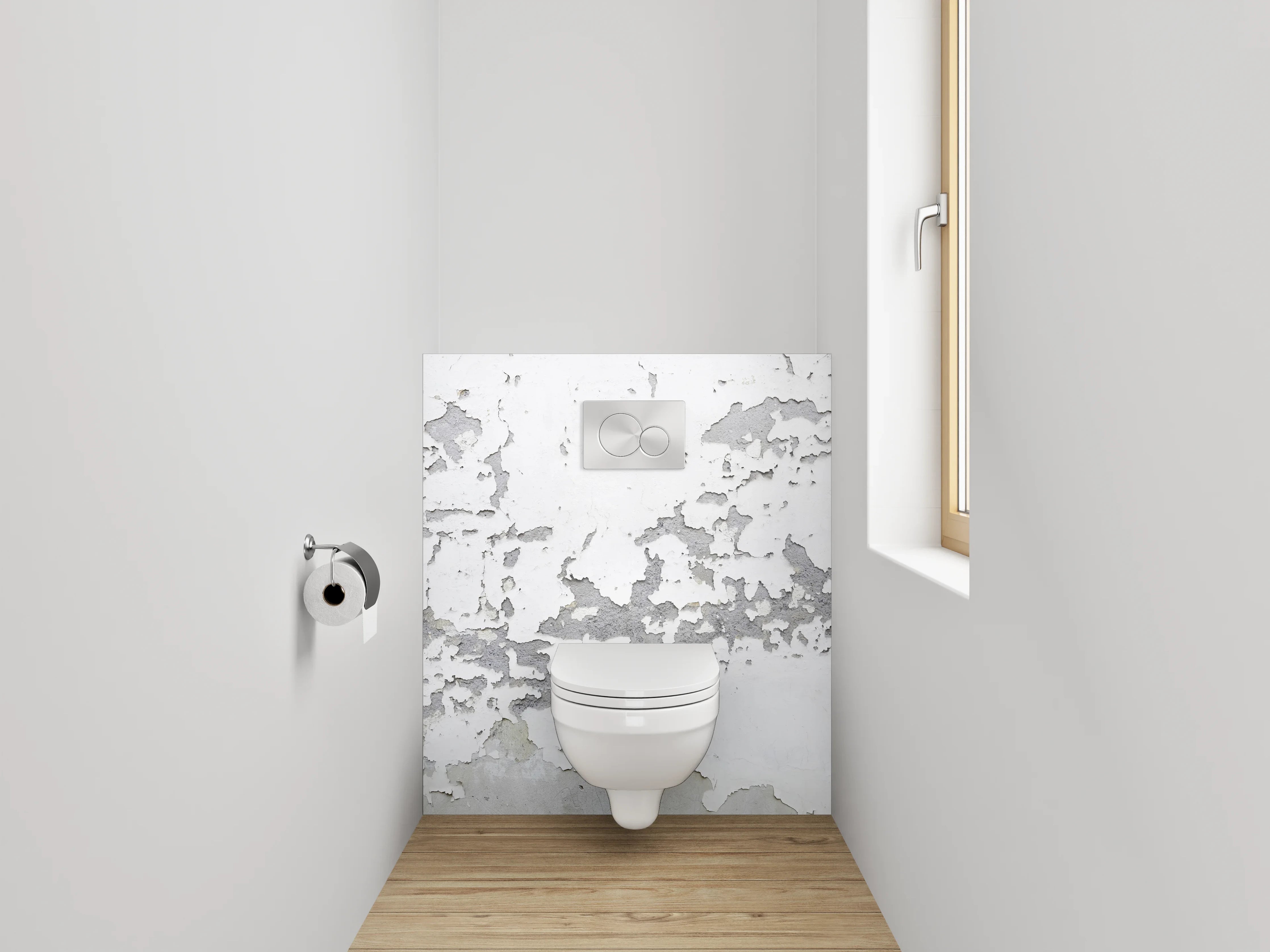 WC-Rückwand - Weiß-graue Vintage-Putzstruktur