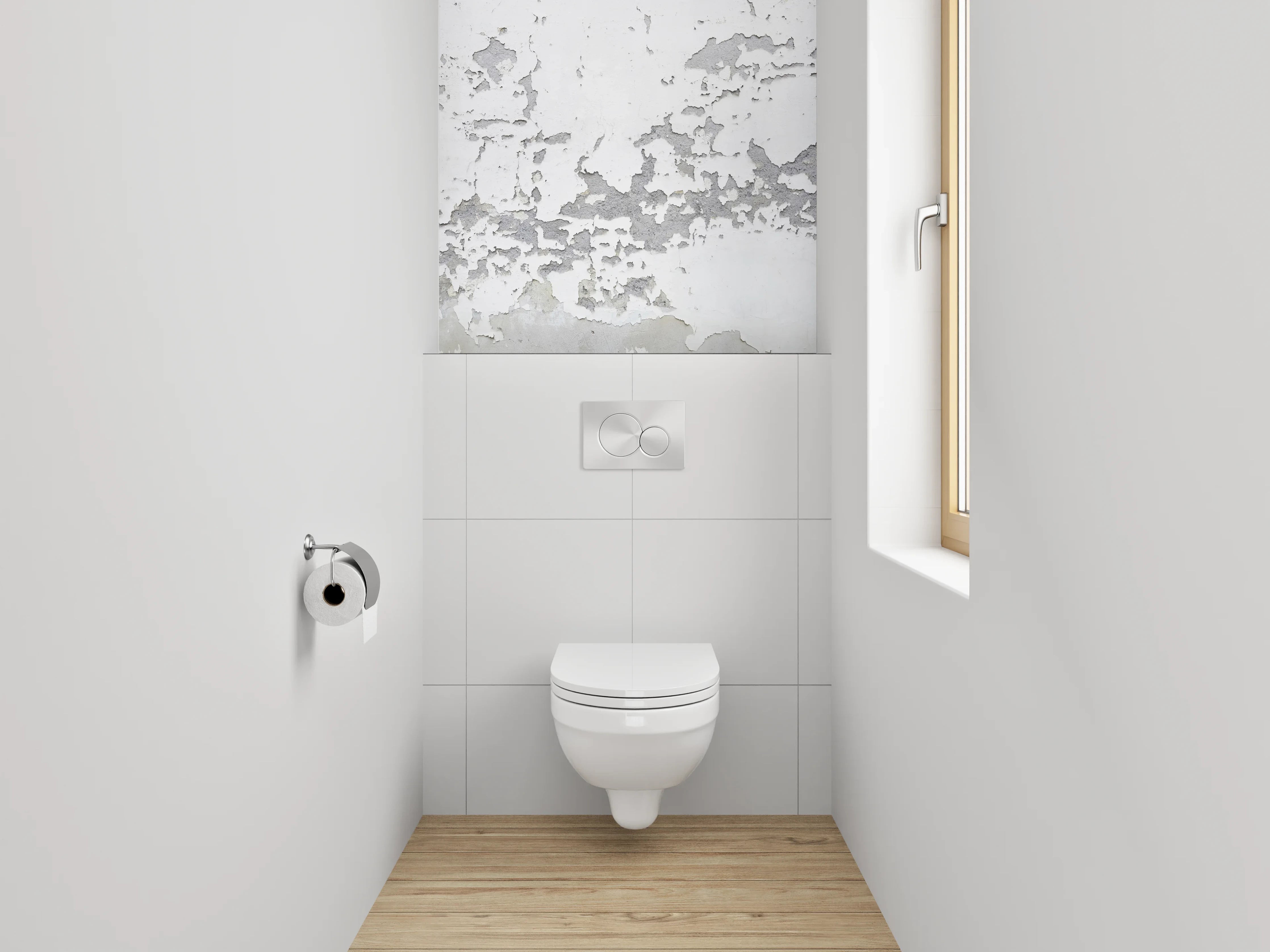 WC-Rückwand - Weiß-graue Vintage-Putzstruktur