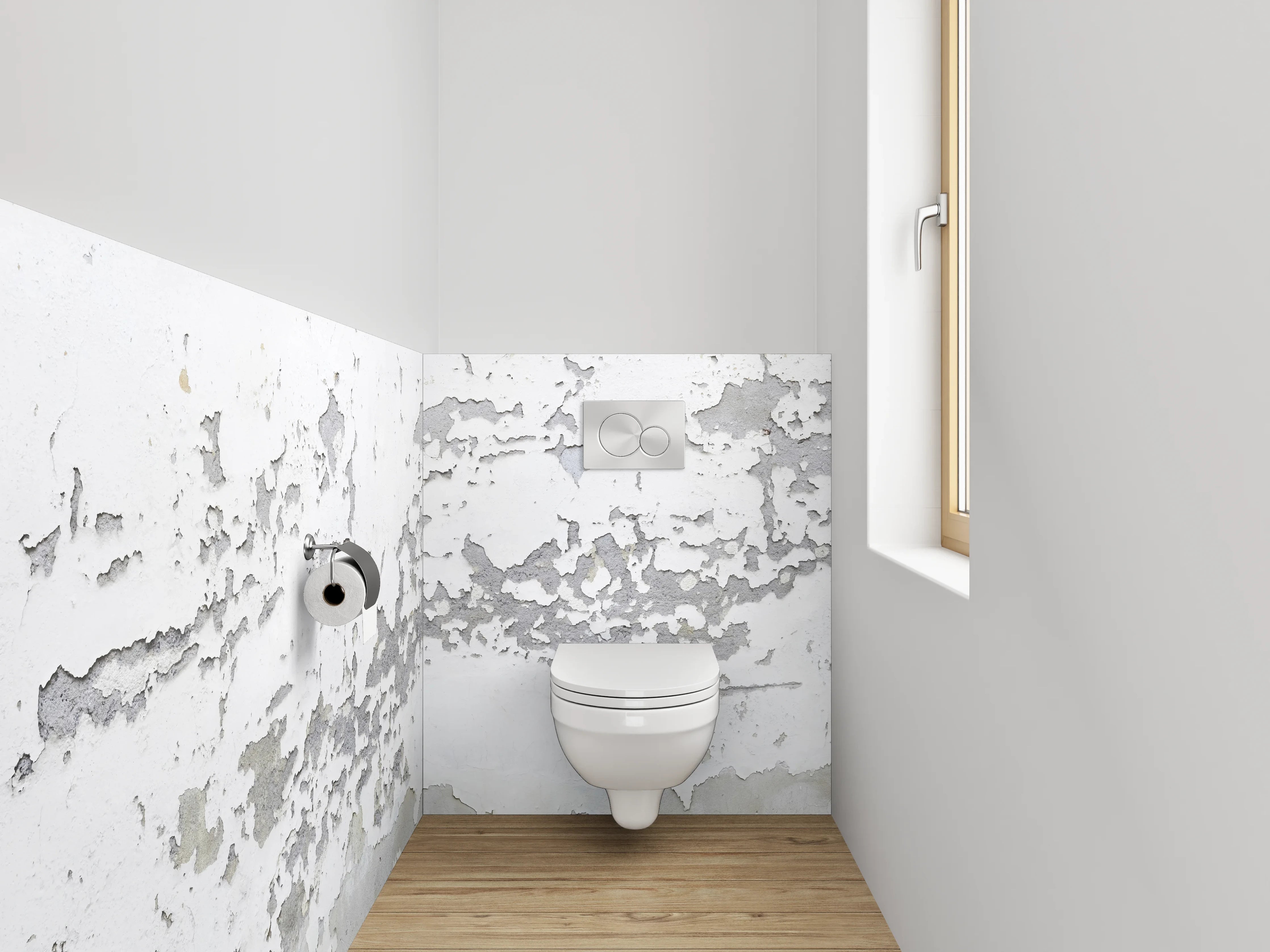 WC-Rückwand - Weiß-graue Vintage-Putzstruktur