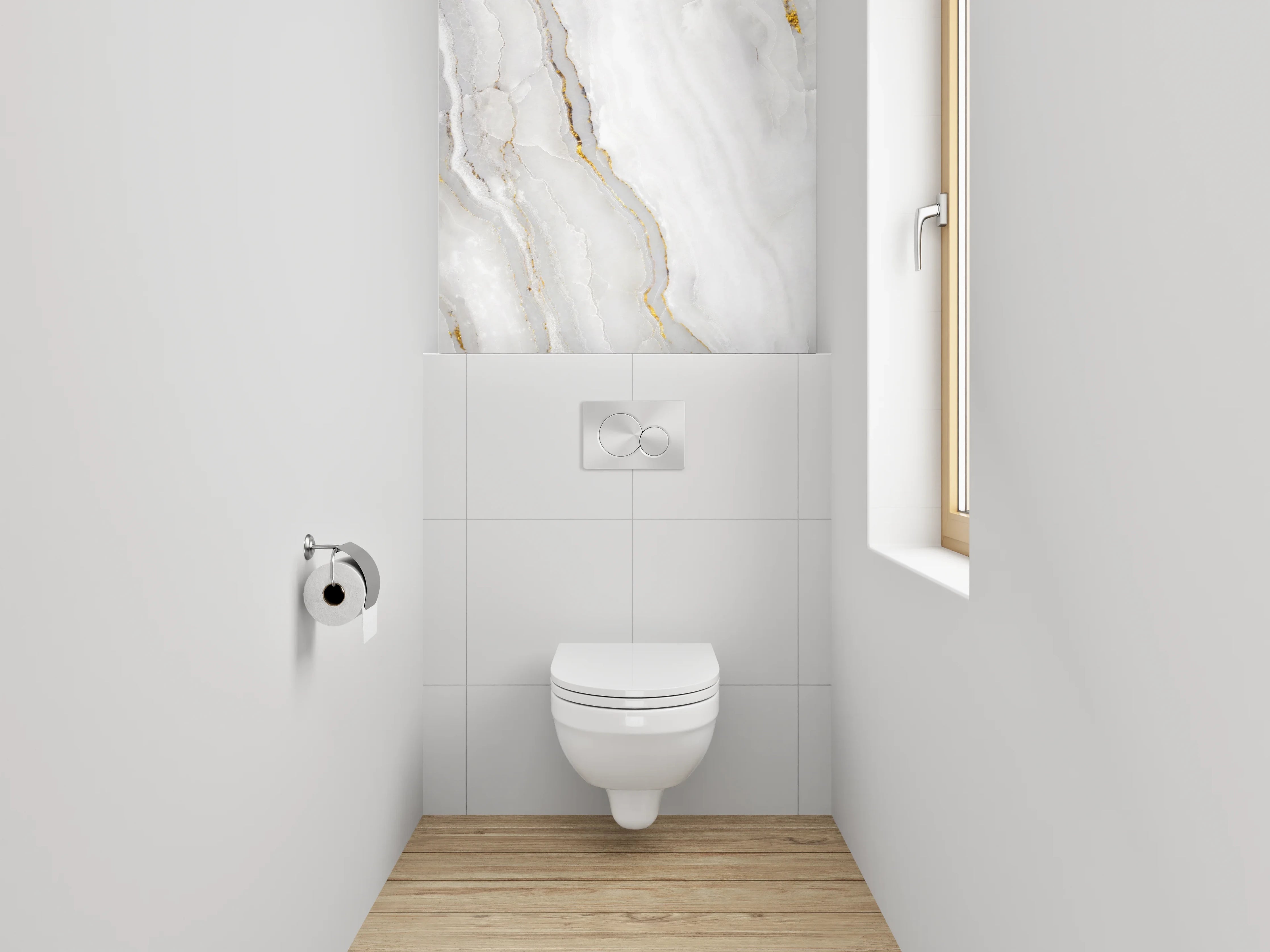 WC-Rückwand - Weiß-grauer Marmor mit Goldadern