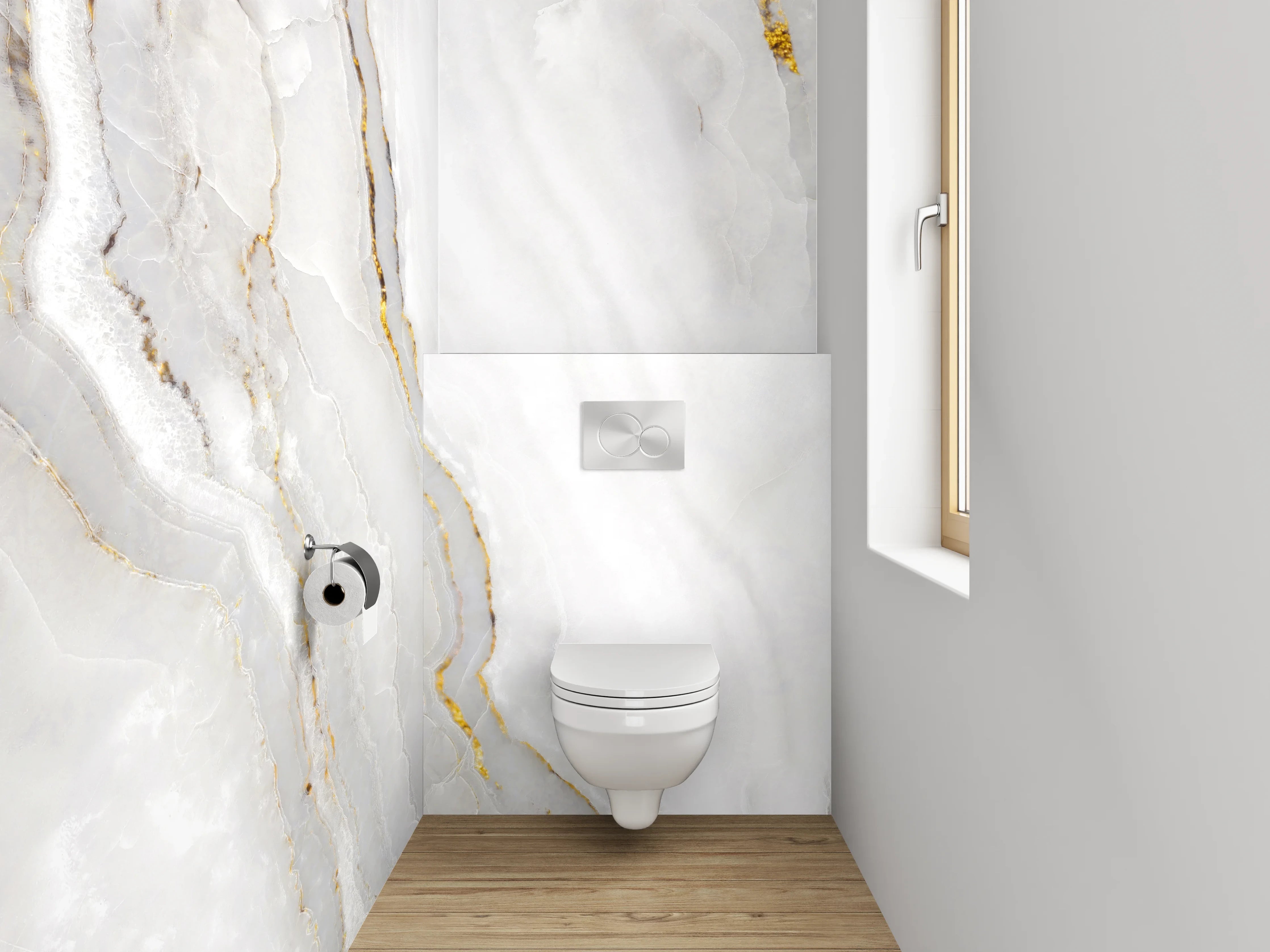 WC-Rückwand - Weiß-grauer Marmor mit Goldadern