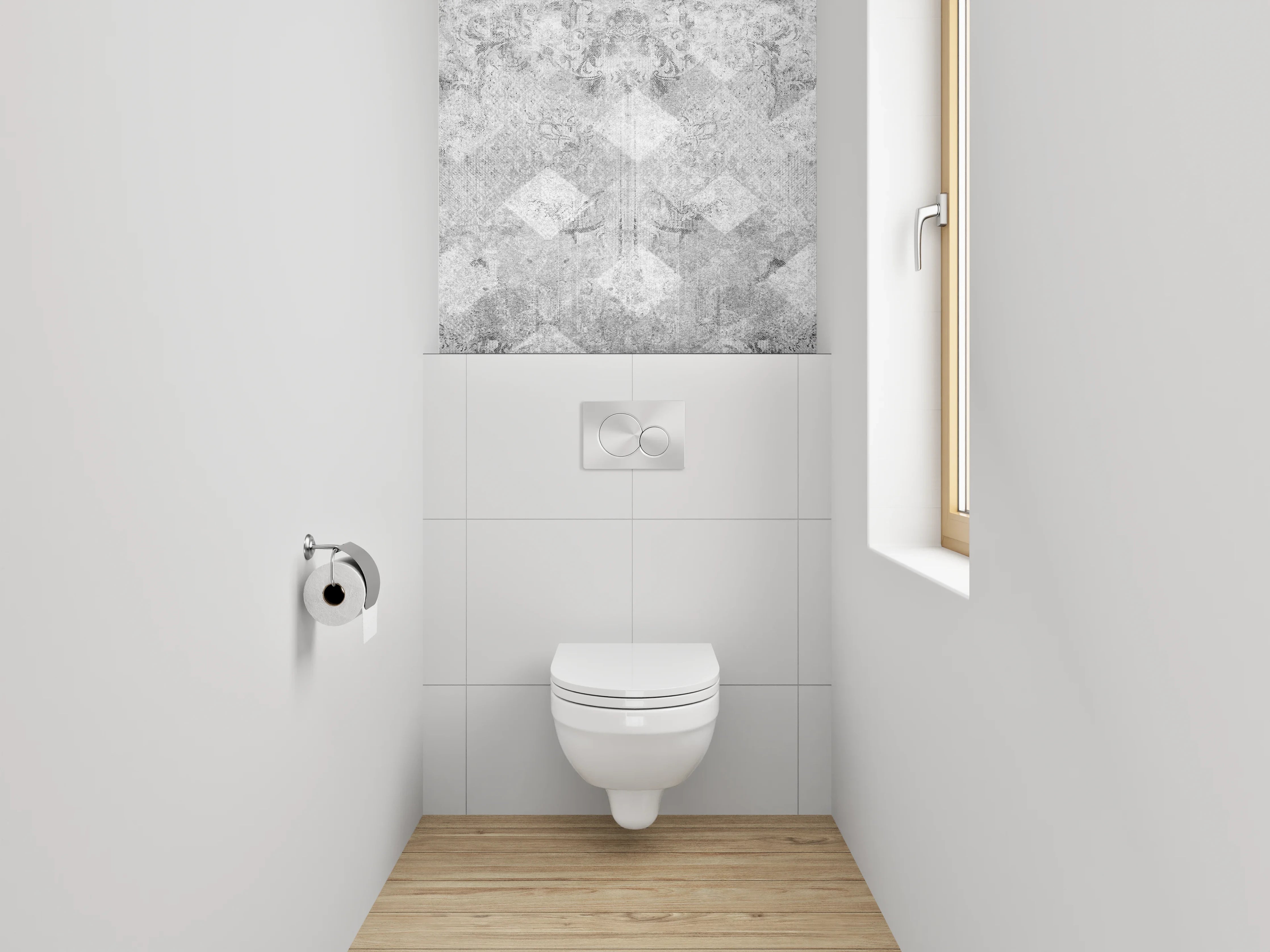 WC-Rückwand - Weiß-graues Barockmuster Marmoroptik