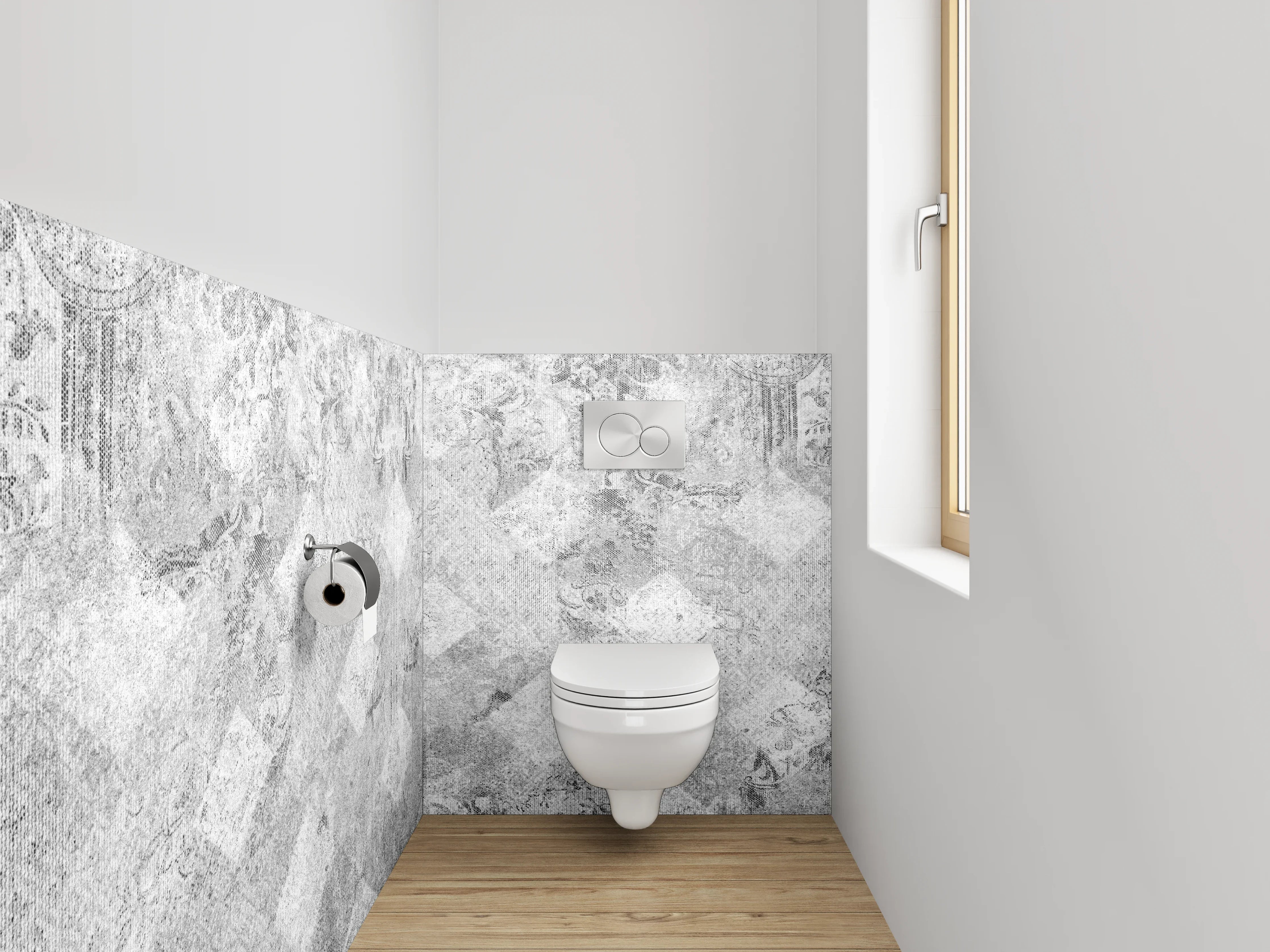 WC-Rückwand - Weiß-graues Barockmuster Marmoroptik