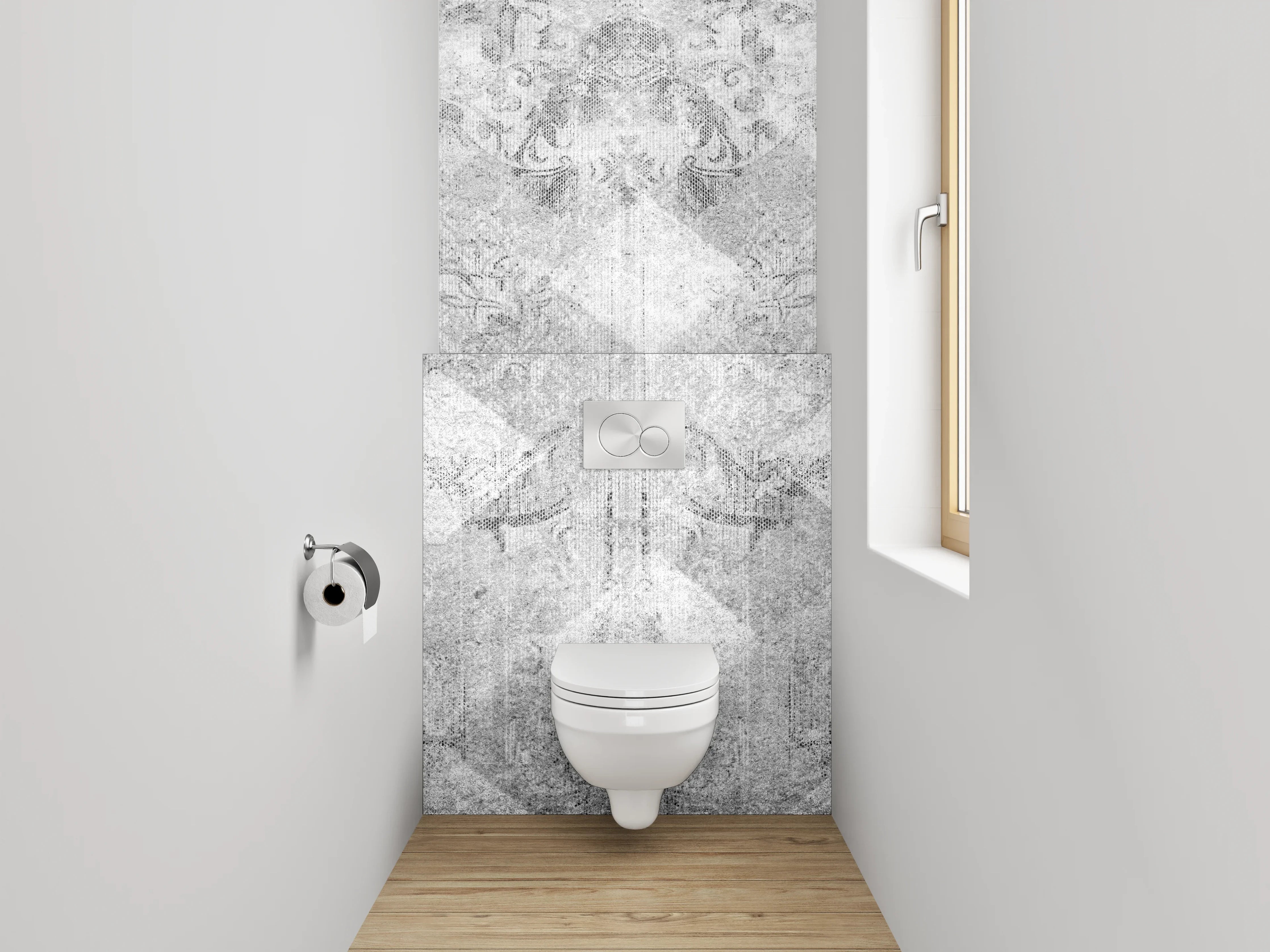 WC-Rückwand - Weiß-graues Barockmuster Marmoroptik