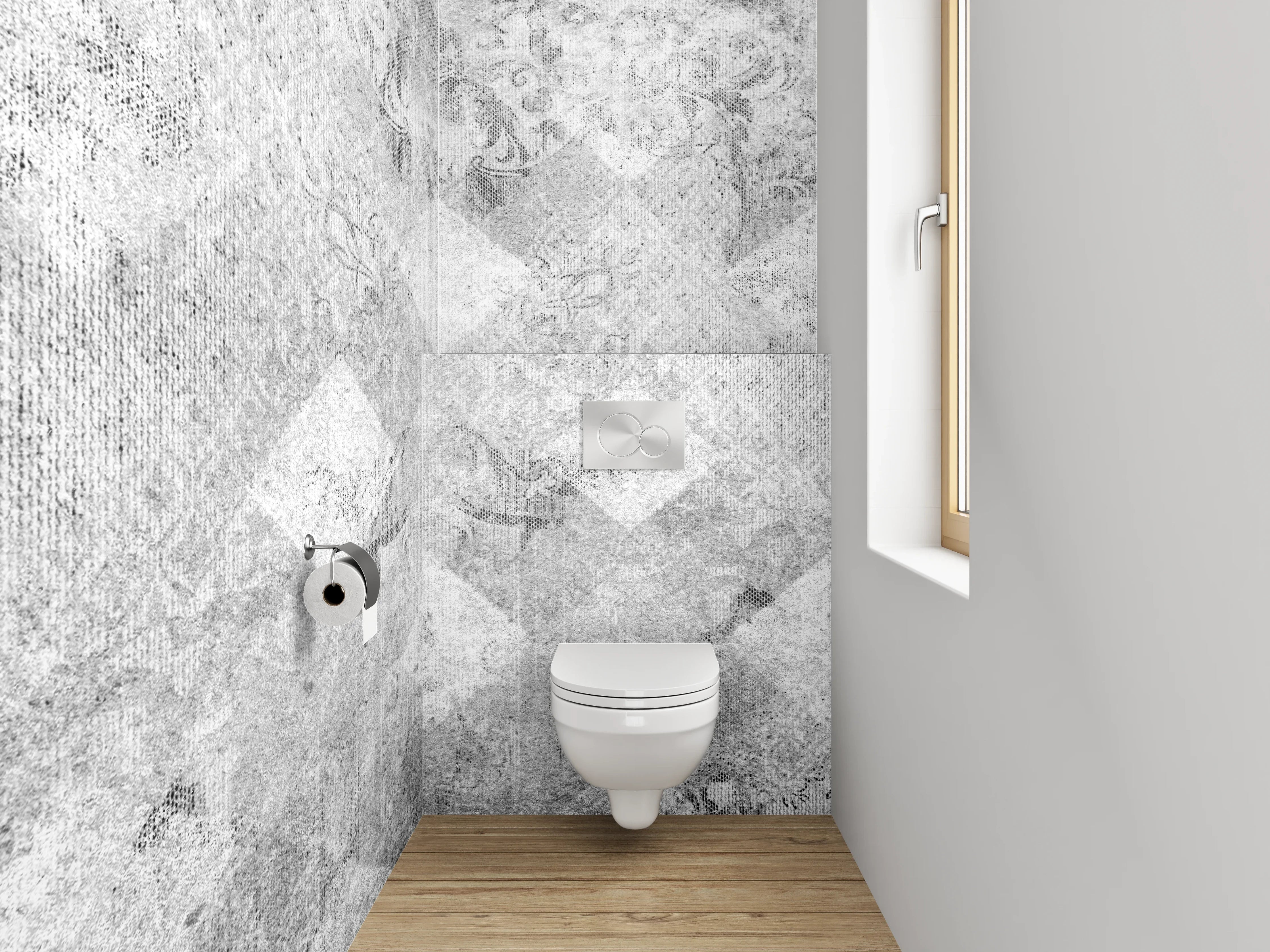 WC-Rückwand - Weiß-graues Barockmuster Marmoroptik
