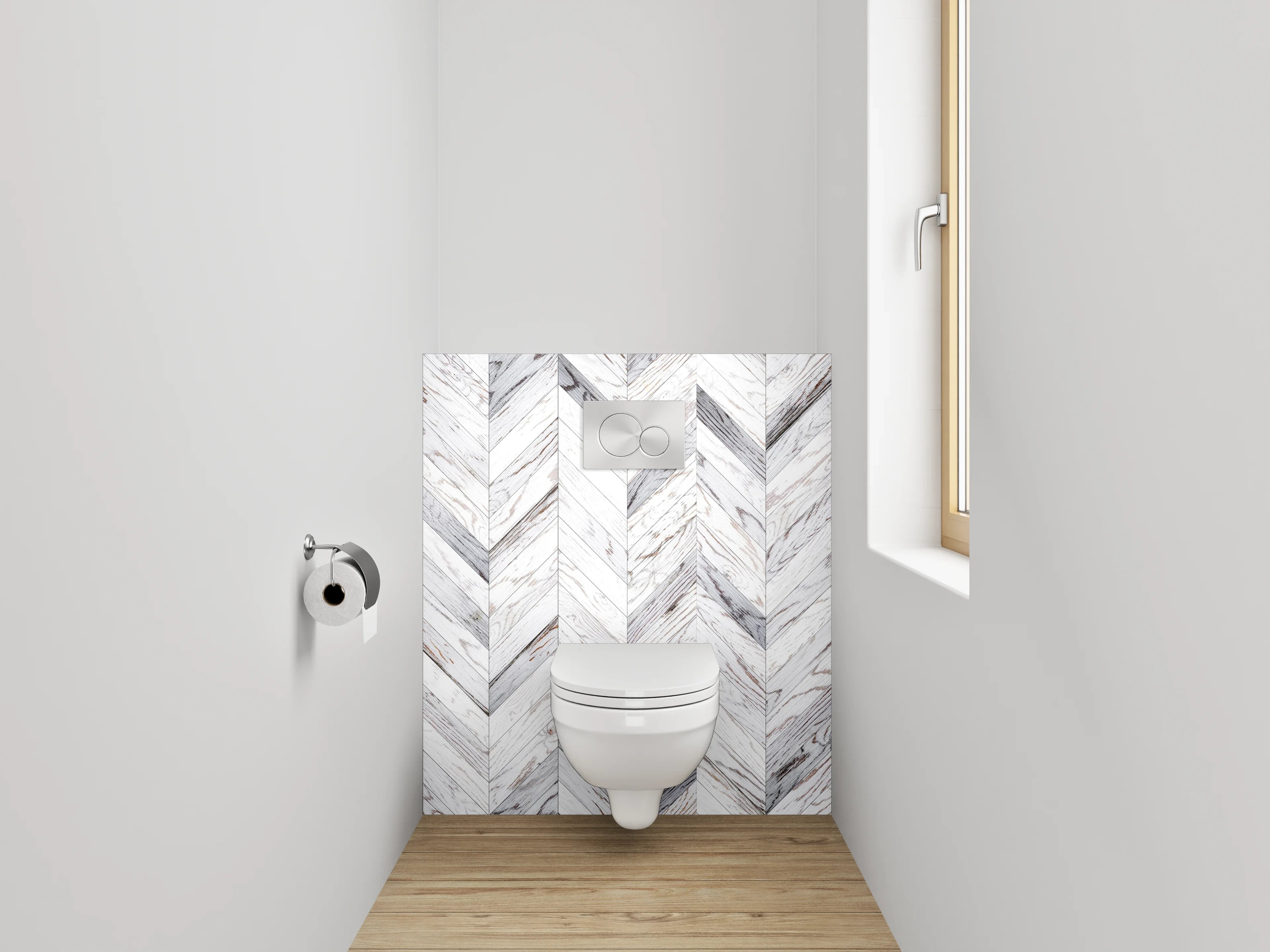 WC-Rückwand - Weiß-graues Chevron-Holz Muster