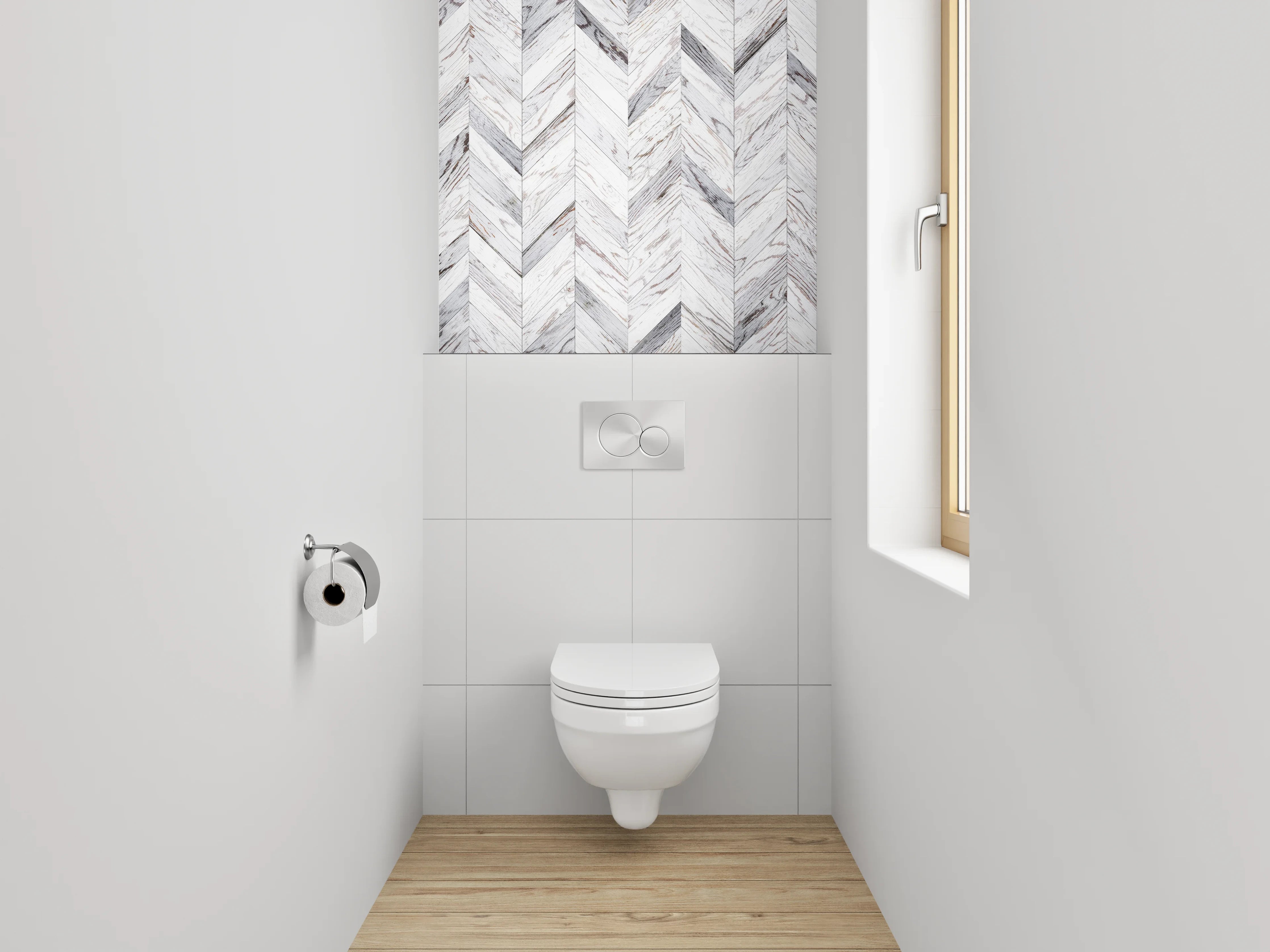 WC-Rückwand - Weiß-graues Chevron-Holz Muster
