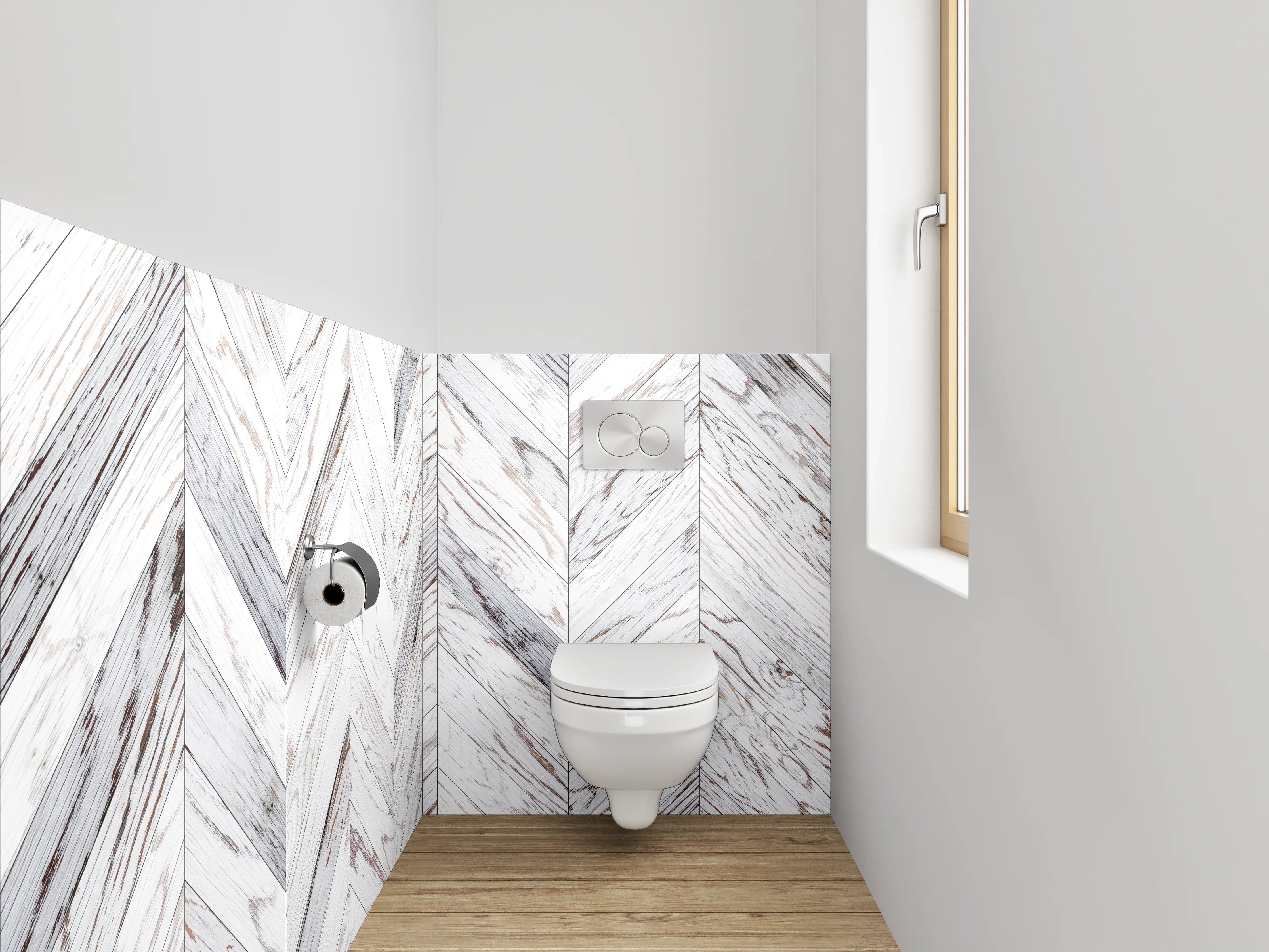 WC-Rückwand - Weiß-graues Chevron-Holz Muster