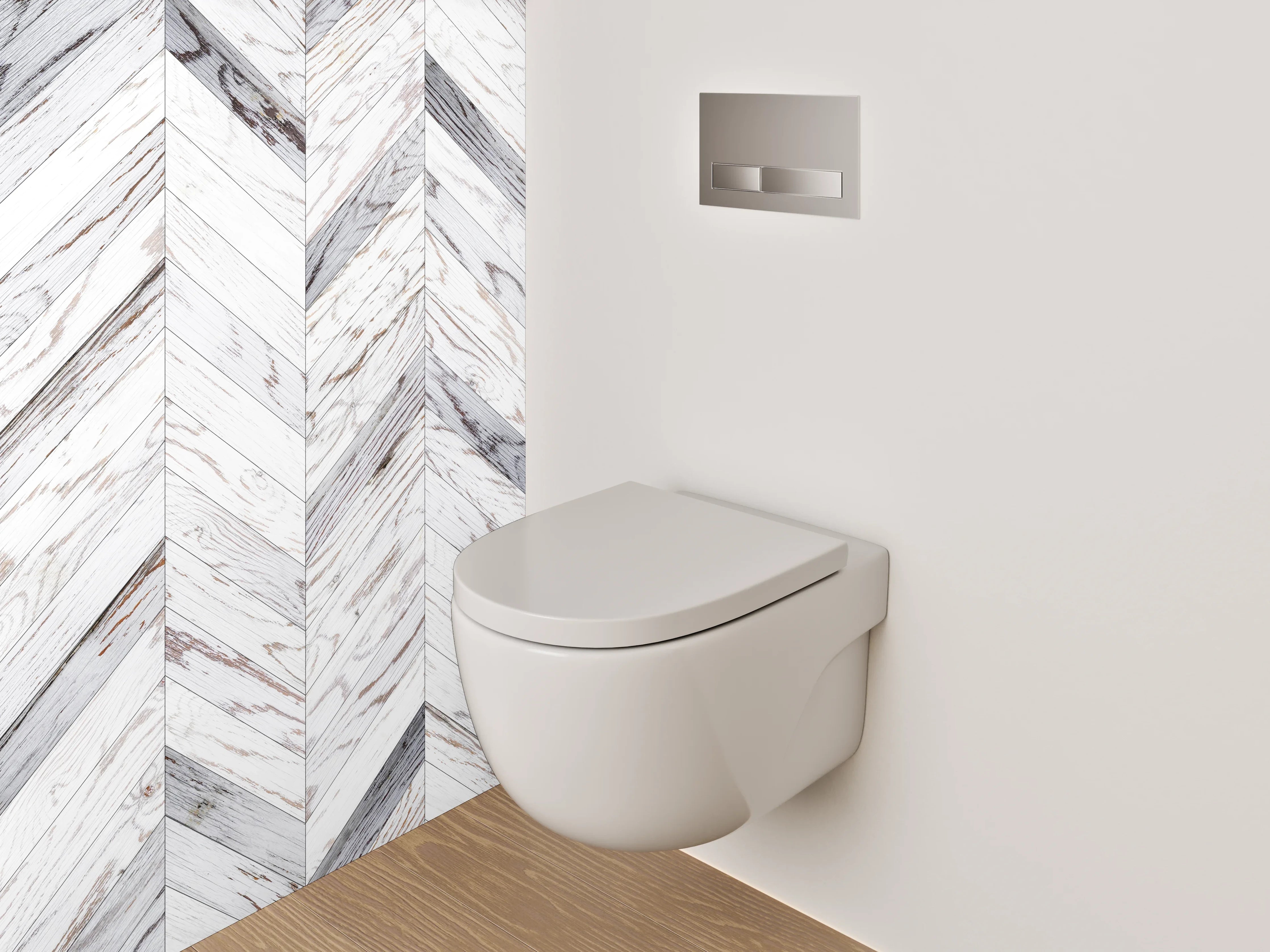 WC-Rückwand - Weiß-graues Chevron-Holz Muster