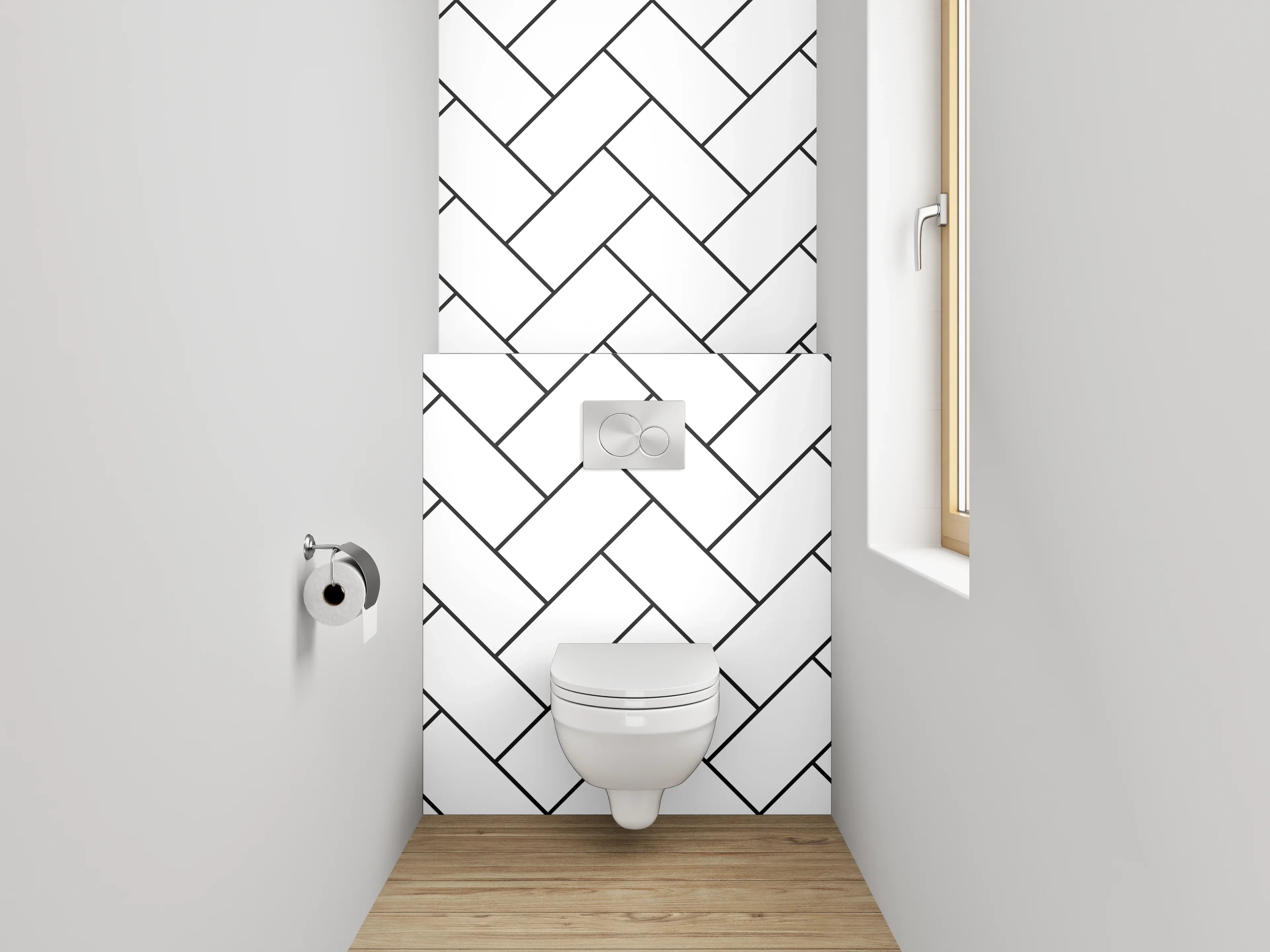 WC-Rückwand - Weiß-graues Fischgrätmuster Fliesen-Optik