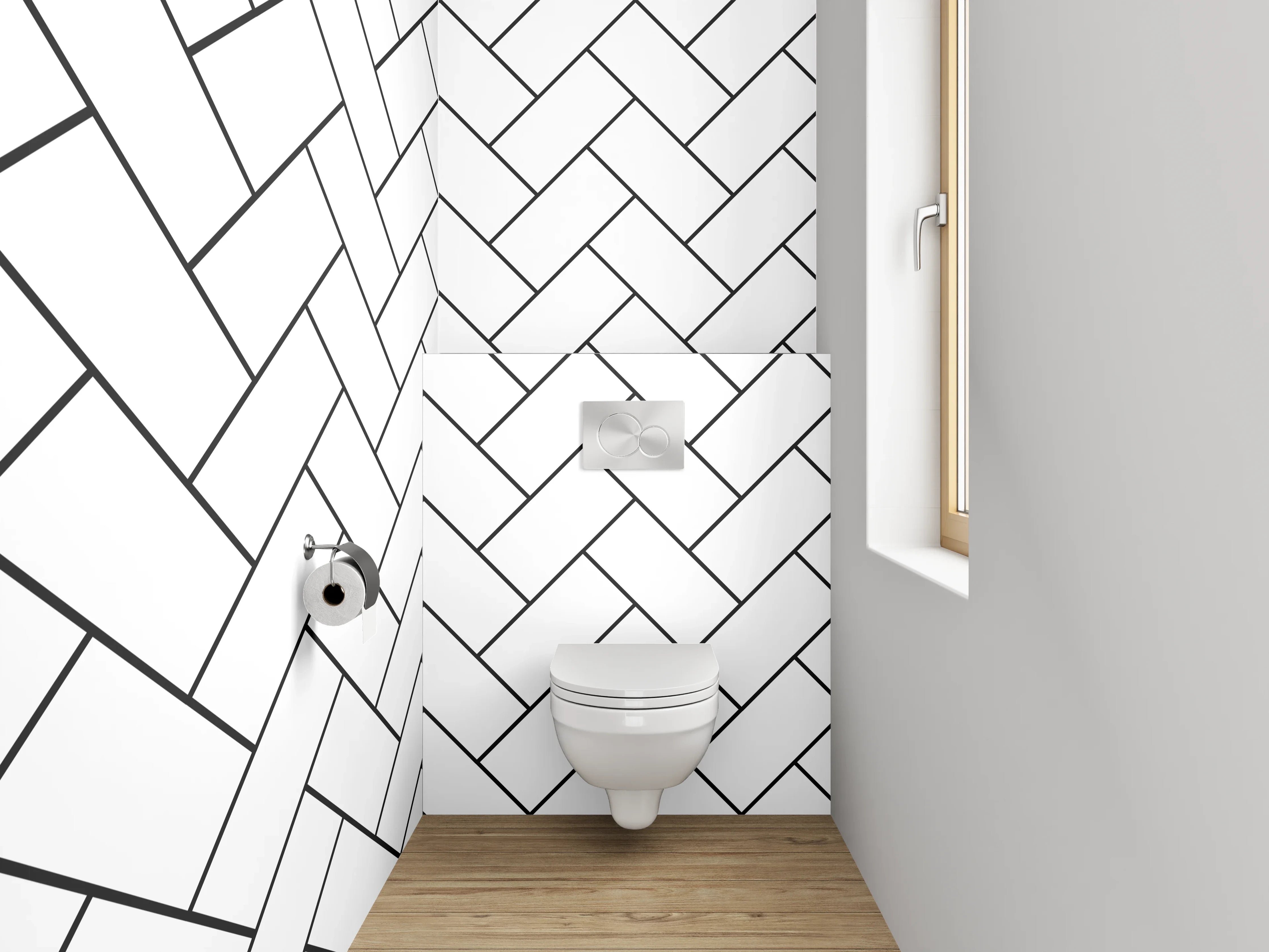 WC-Rückwand - Weiß-graues Fischgrätmuster Fliesen-Optik