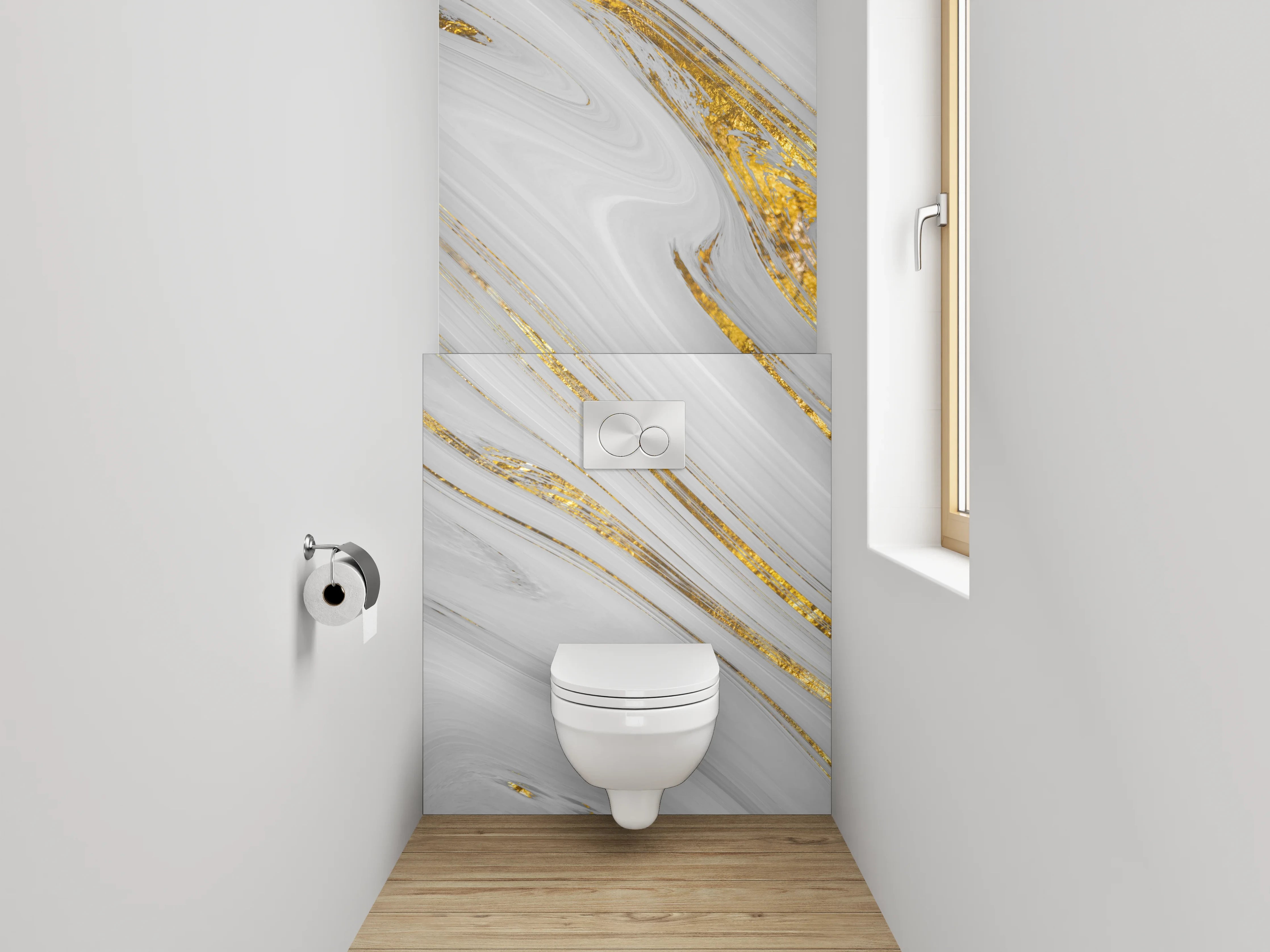 WC-Rückwand - Weiß-graues Marmor-Gold Muster