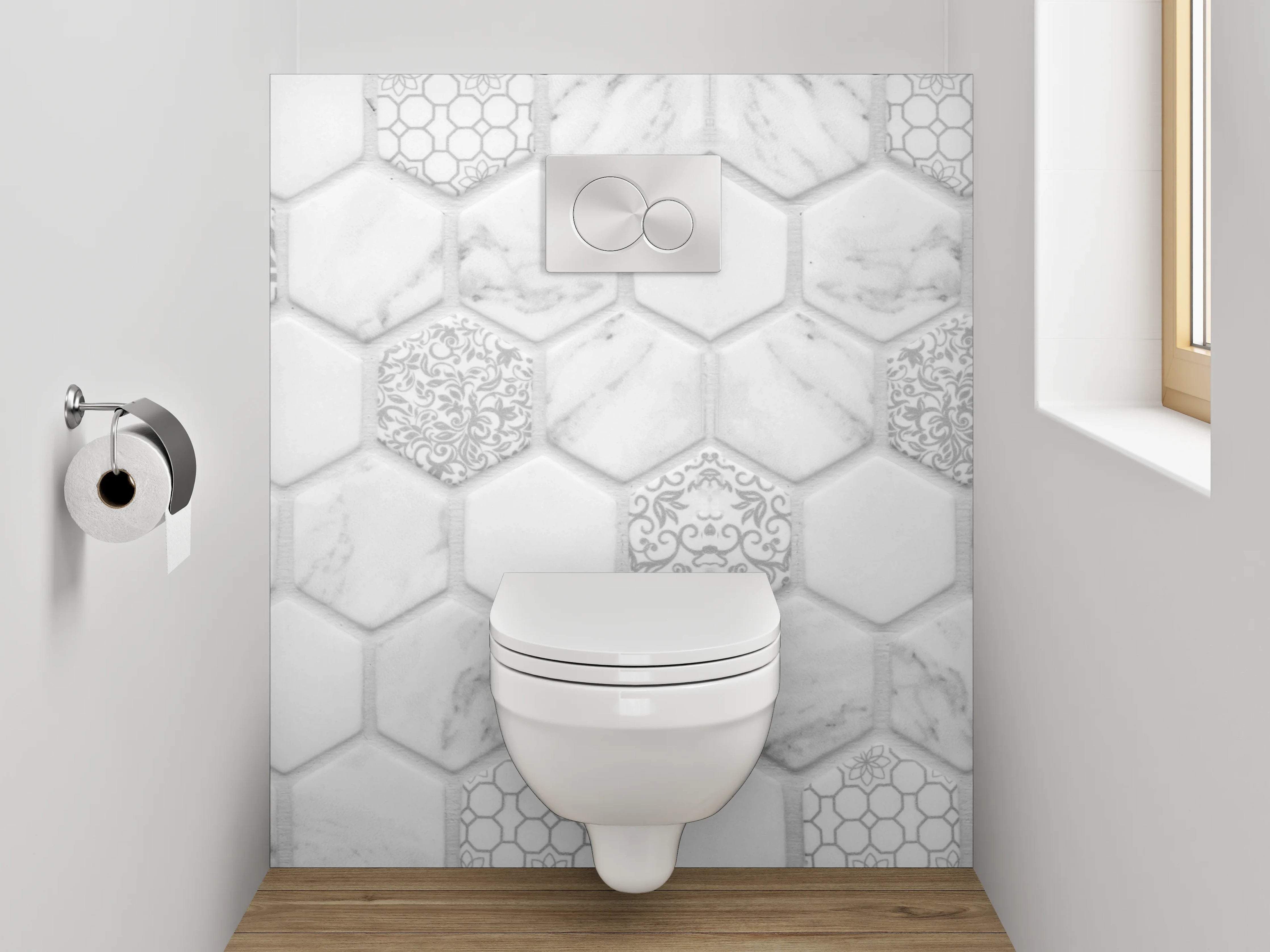 WC-Rückwand - Weiß-graues Marmor Mosaik Hexagon
