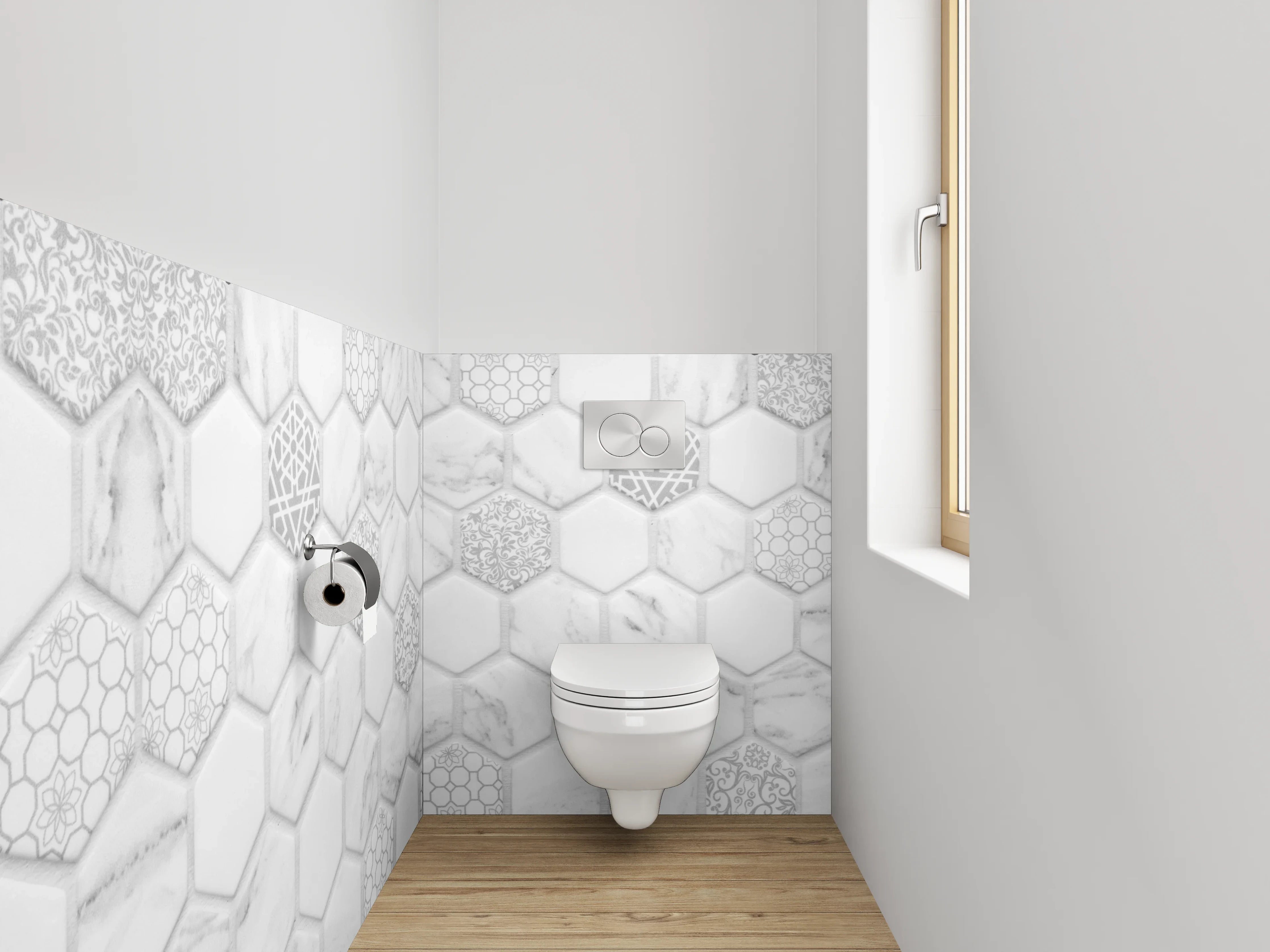 WC-Rückwand - Weiß-graues Marmor Mosaik Hexagon