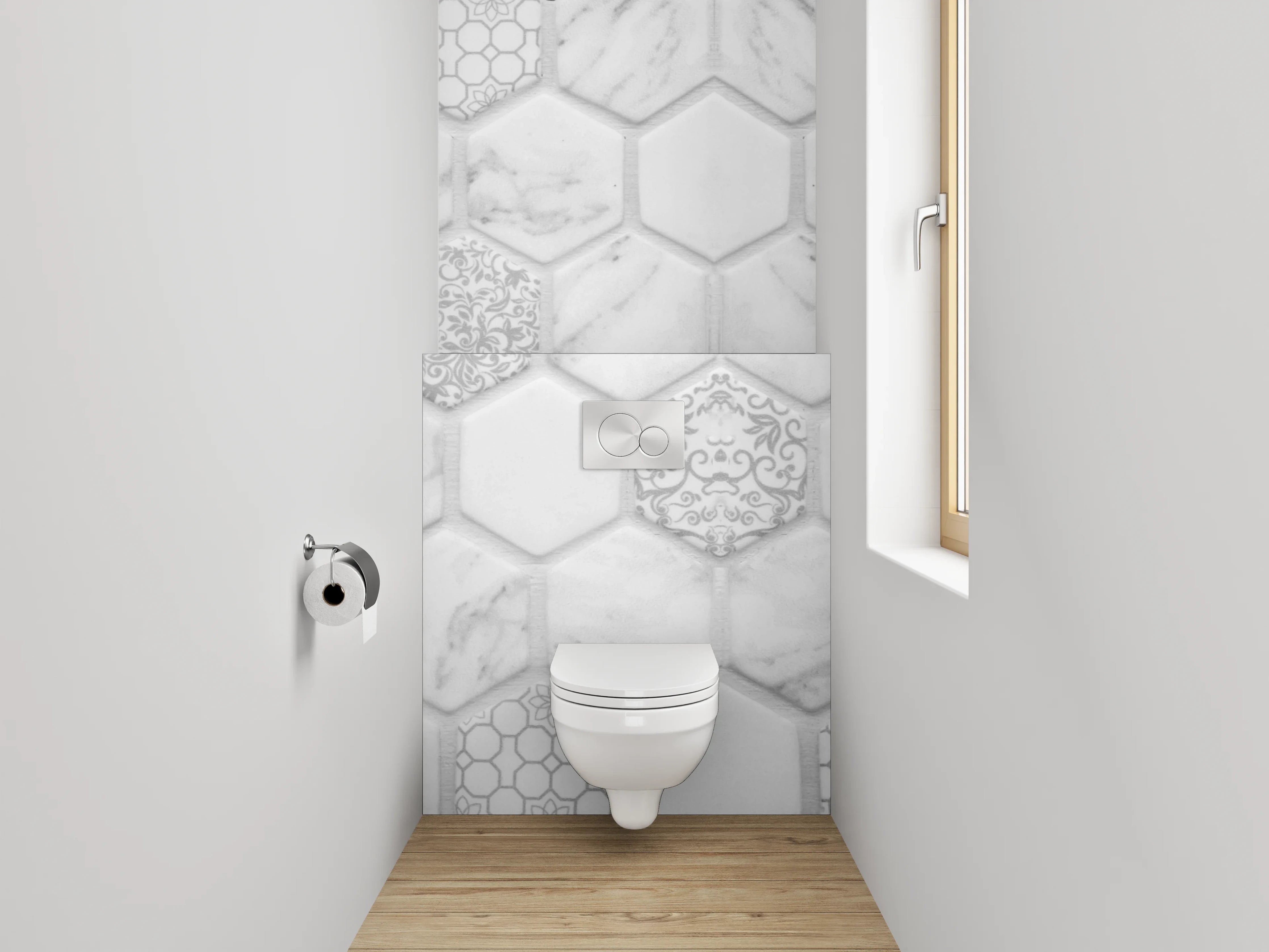 WC-Rückwand - Weiß-graues Marmor Mosaik Hexagon