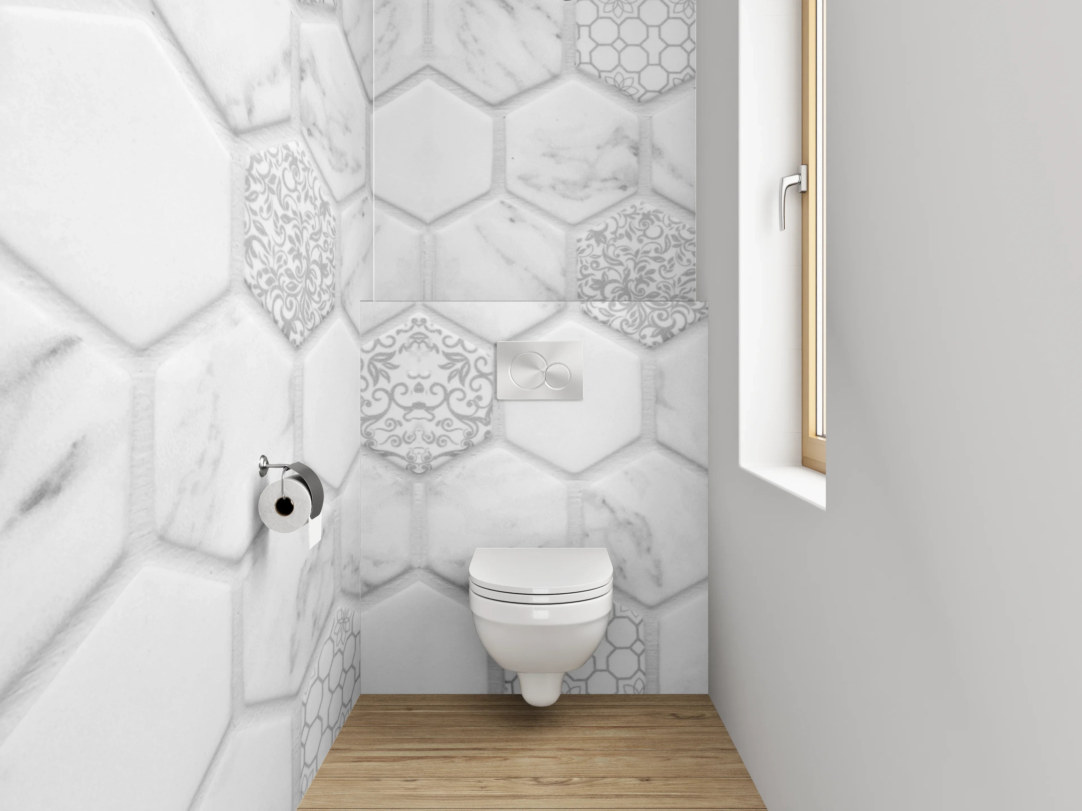 WC-Rückwand - Weiß-graues Marmor Mosaik Hexagon