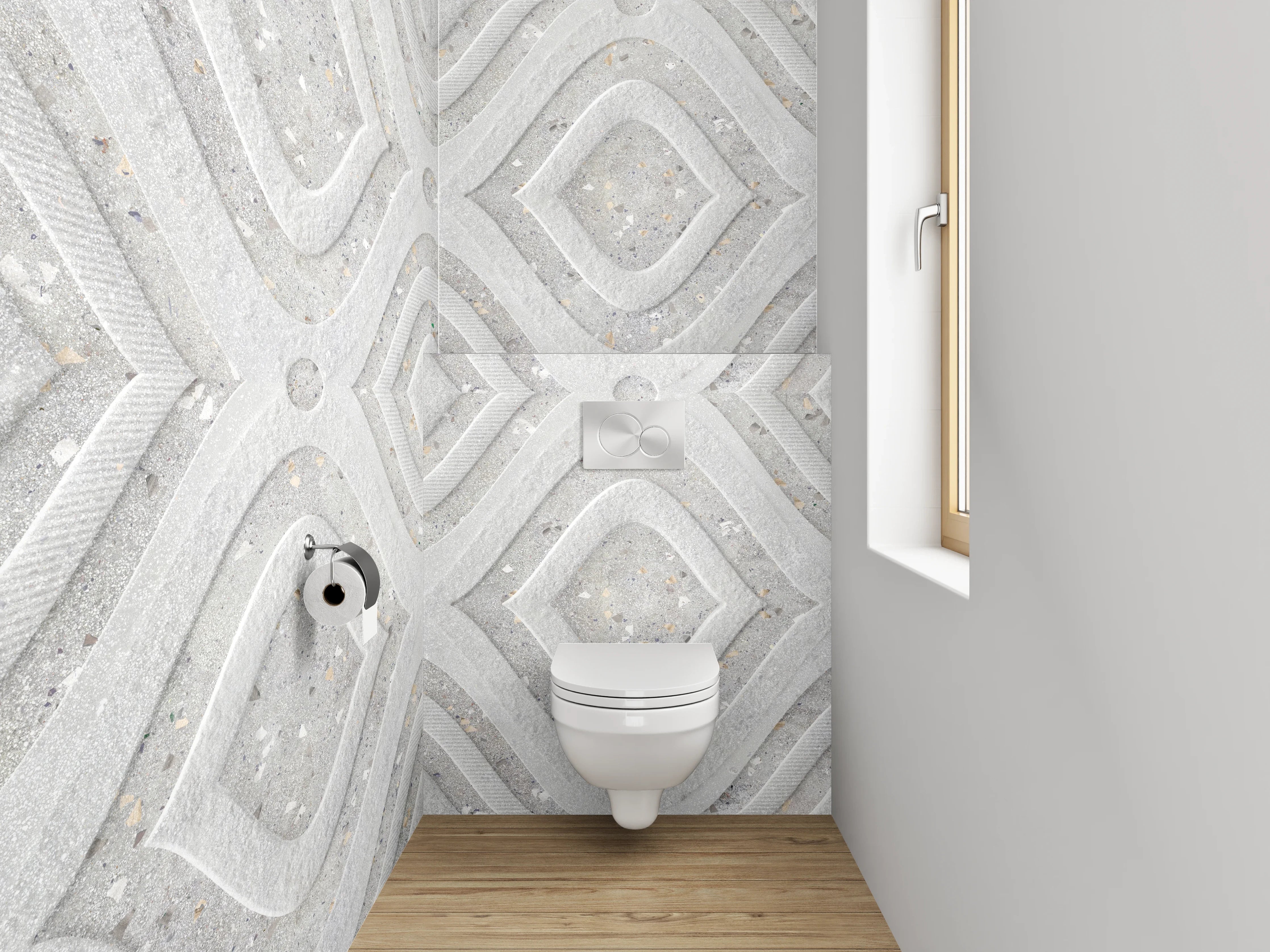 WC-Rückwand - Weiß-graues Mosaikmuster in Marmoroptik