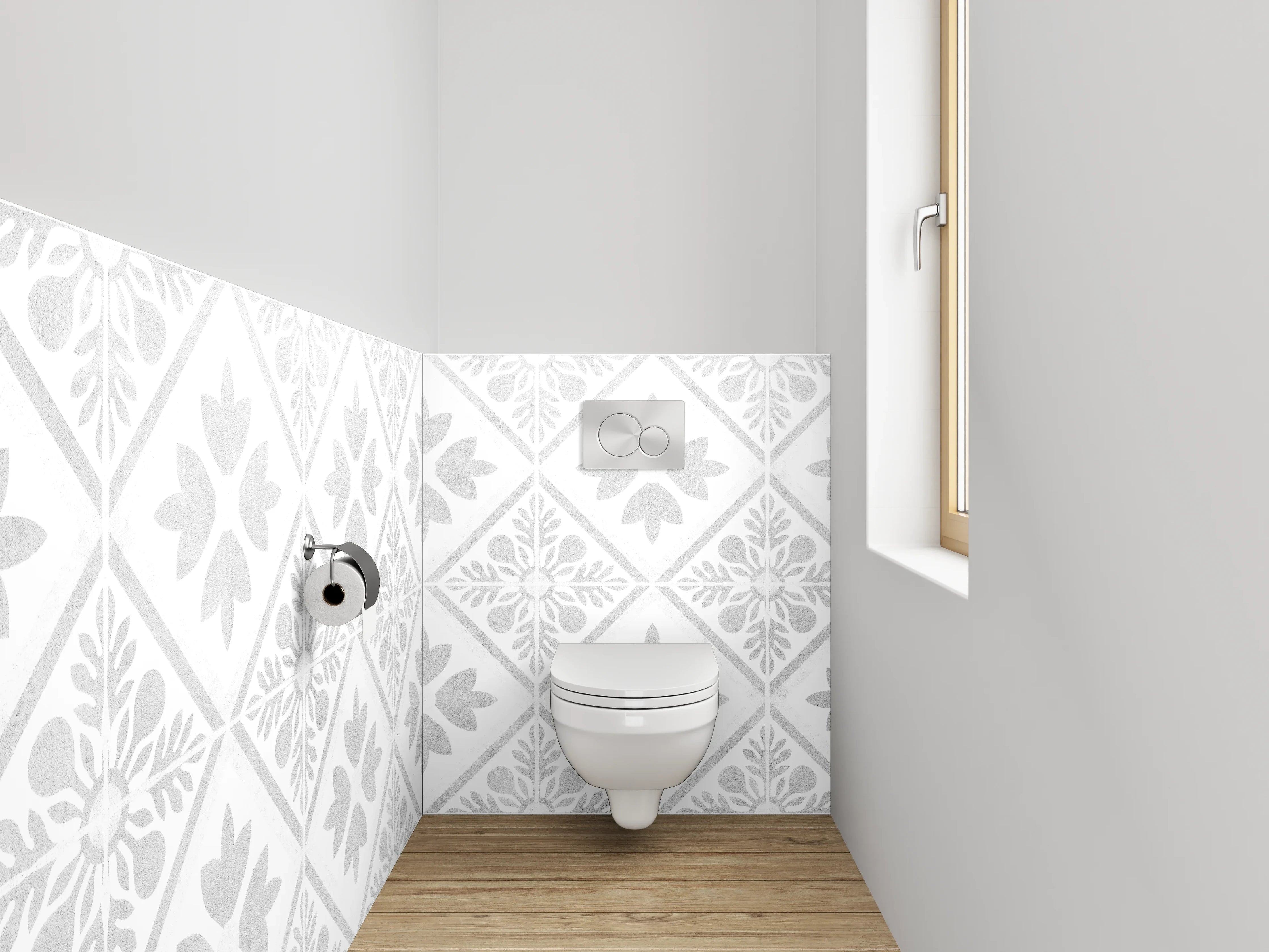 WC-Rückwand - Weiß-graues Ornament Muster Fliesenoptik