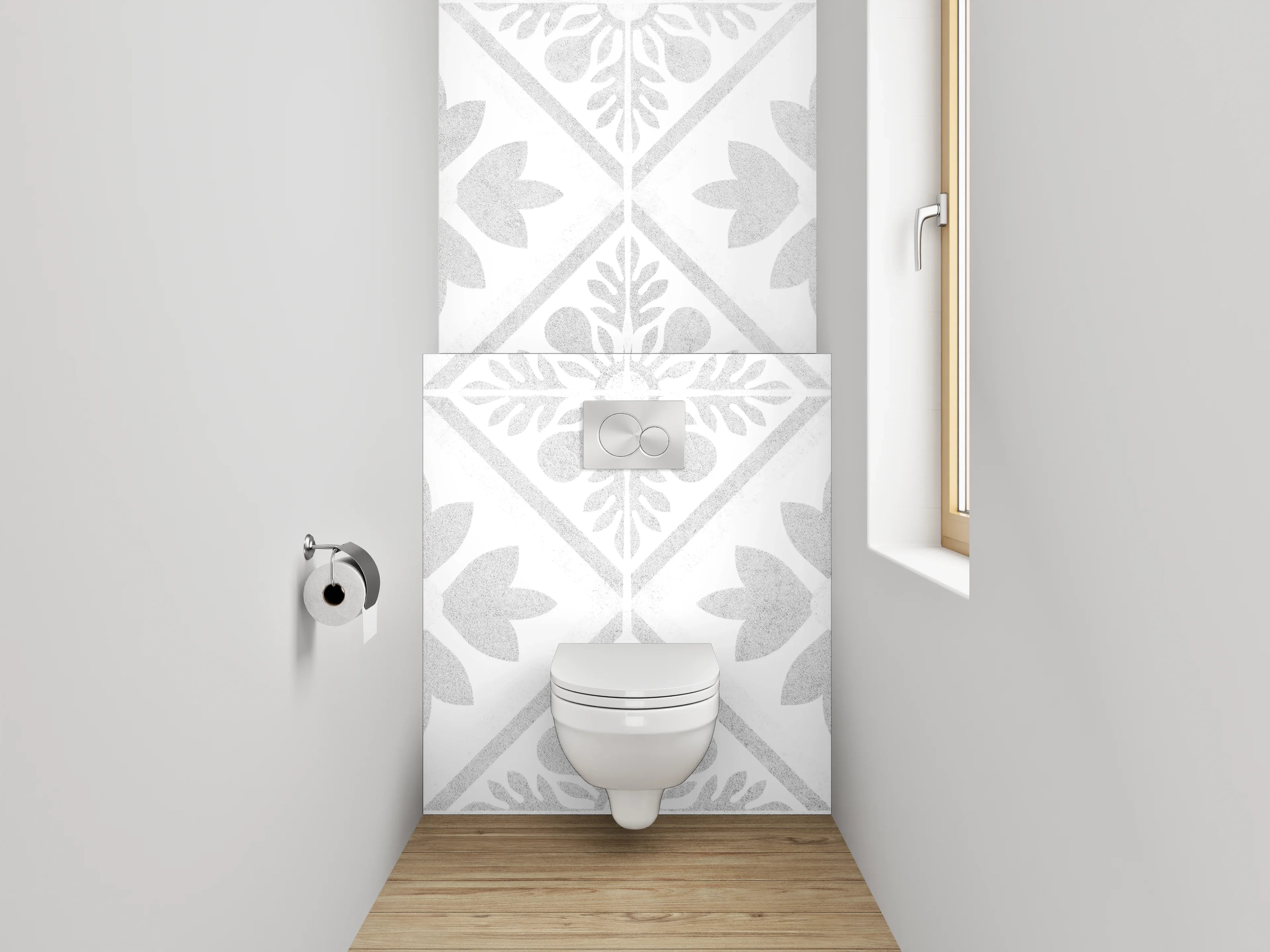 WC-Rückwand - Weiß-graues Ornament Muster Fliesenoptik