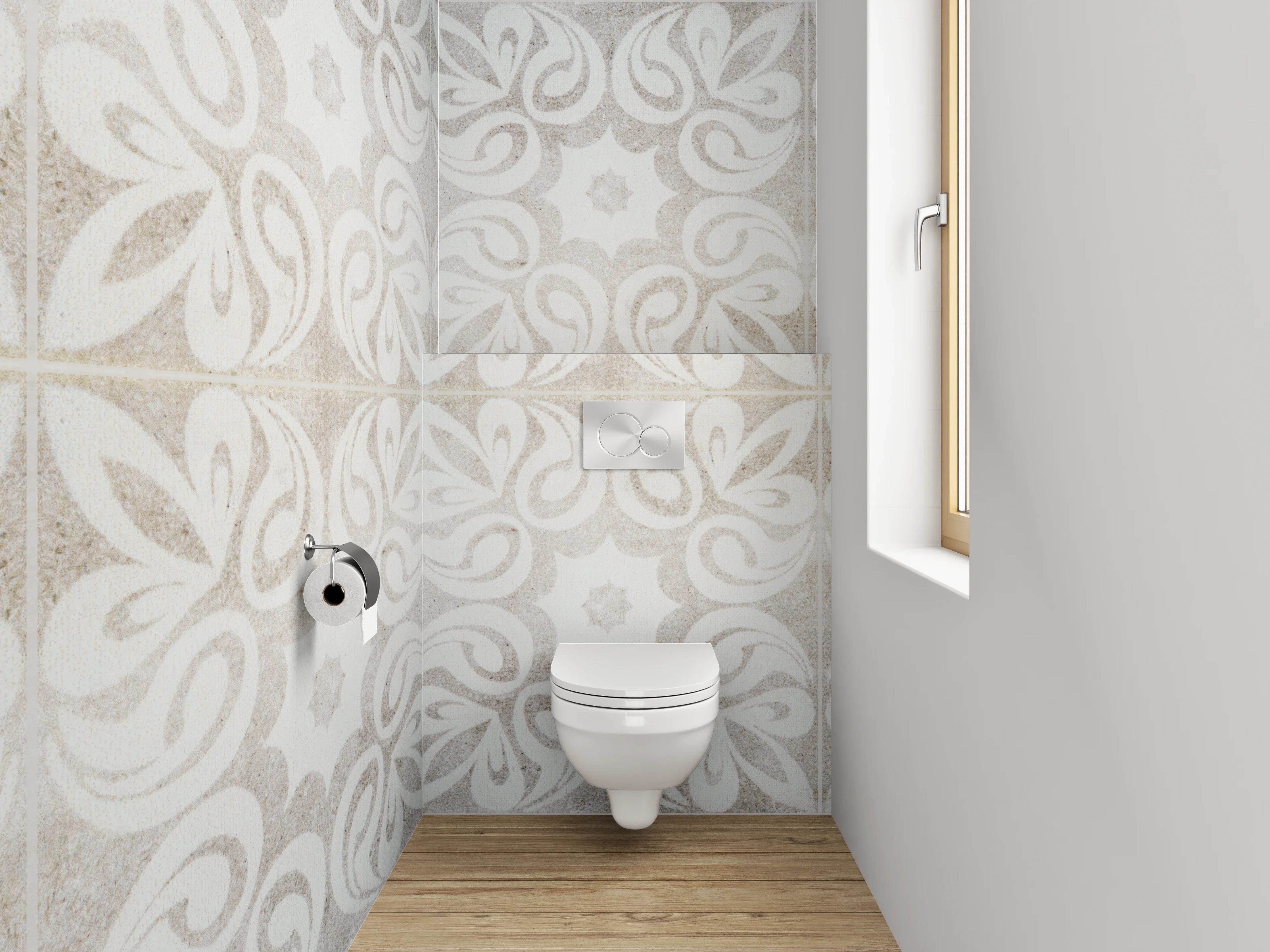 WC-Rückwand - Weiß-graues Ornament-Muster Marmoroptik