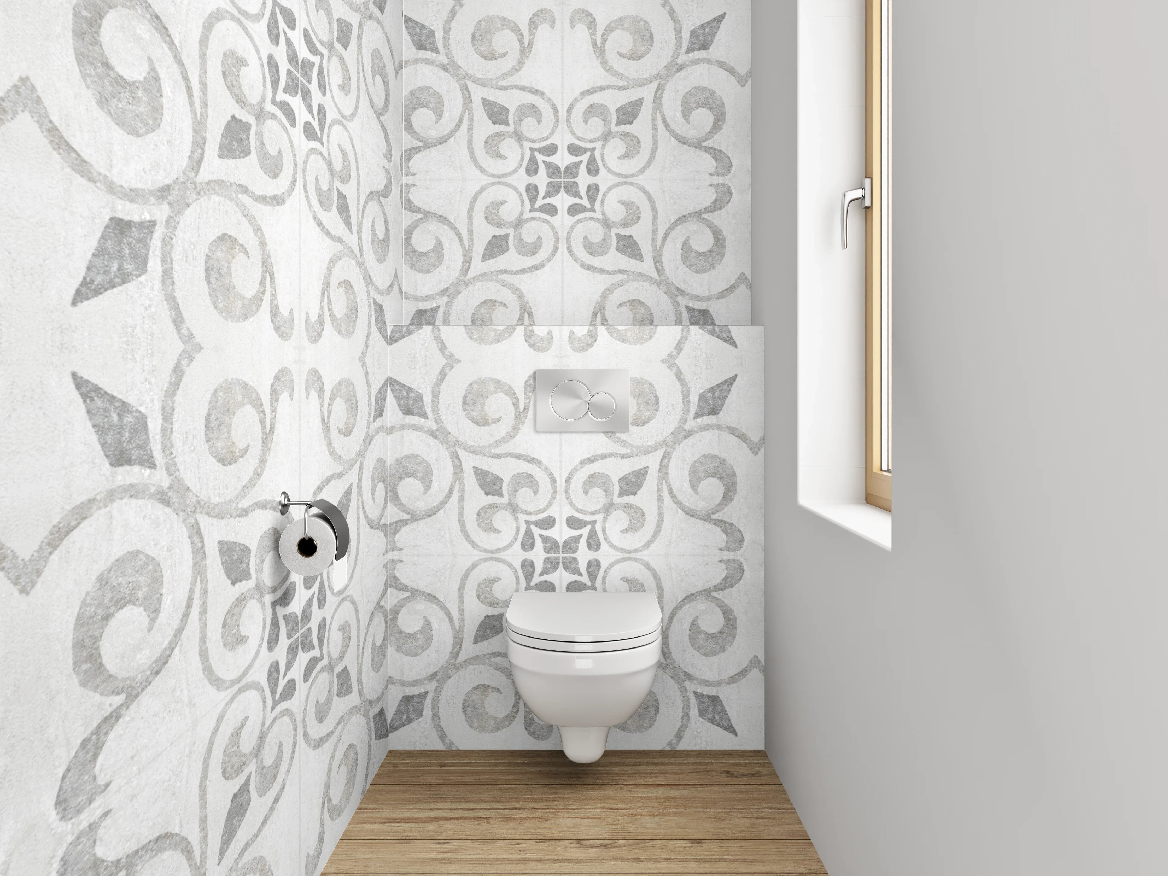 WC-Rückwand - Weiß-graues Ornament Muster