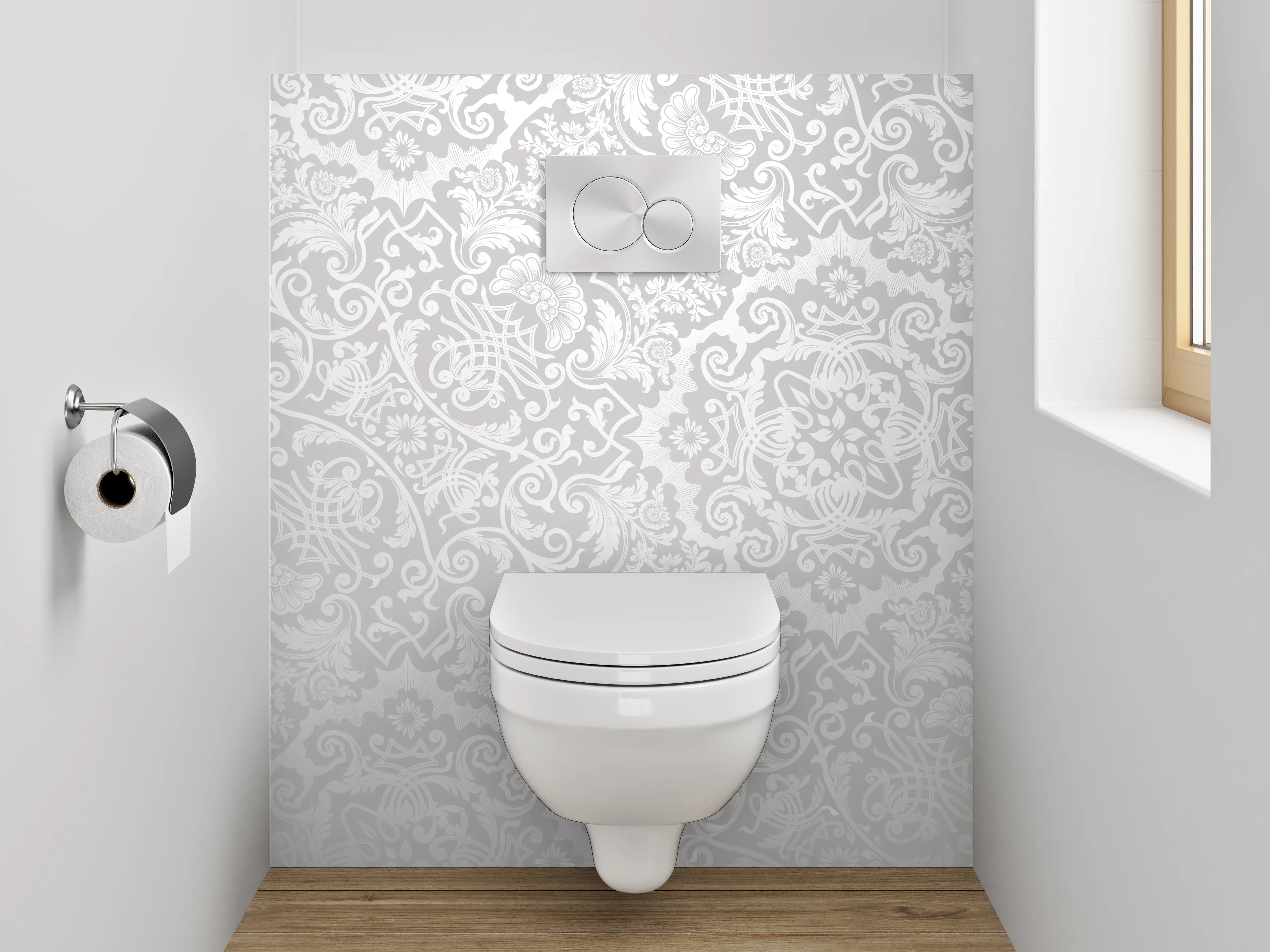 WC-Rückwand - Weiß-graues Ornament Muster Wanddesign