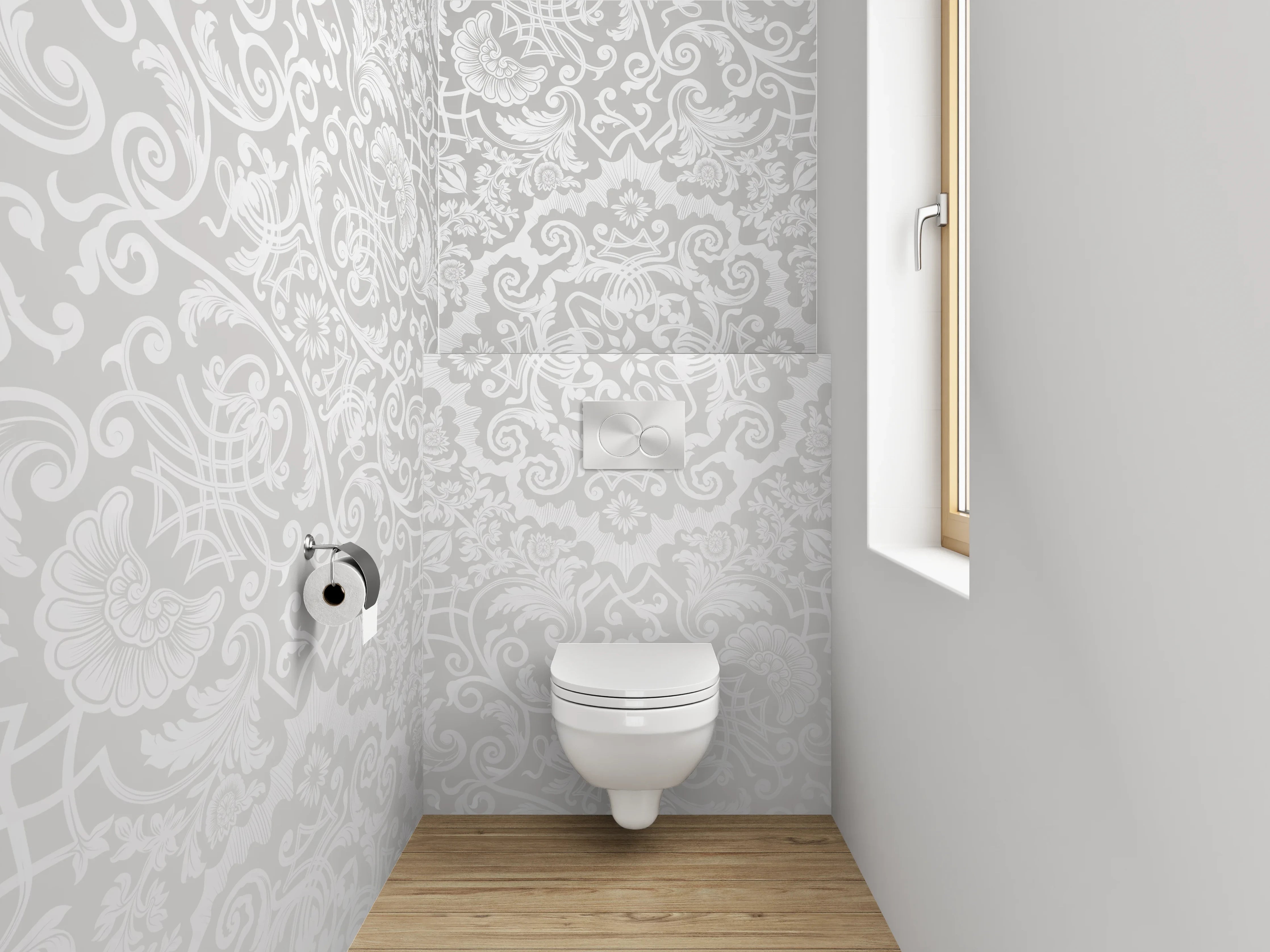 WC-Rückwand - Weiß-graues Ornament Muster Wanddesign