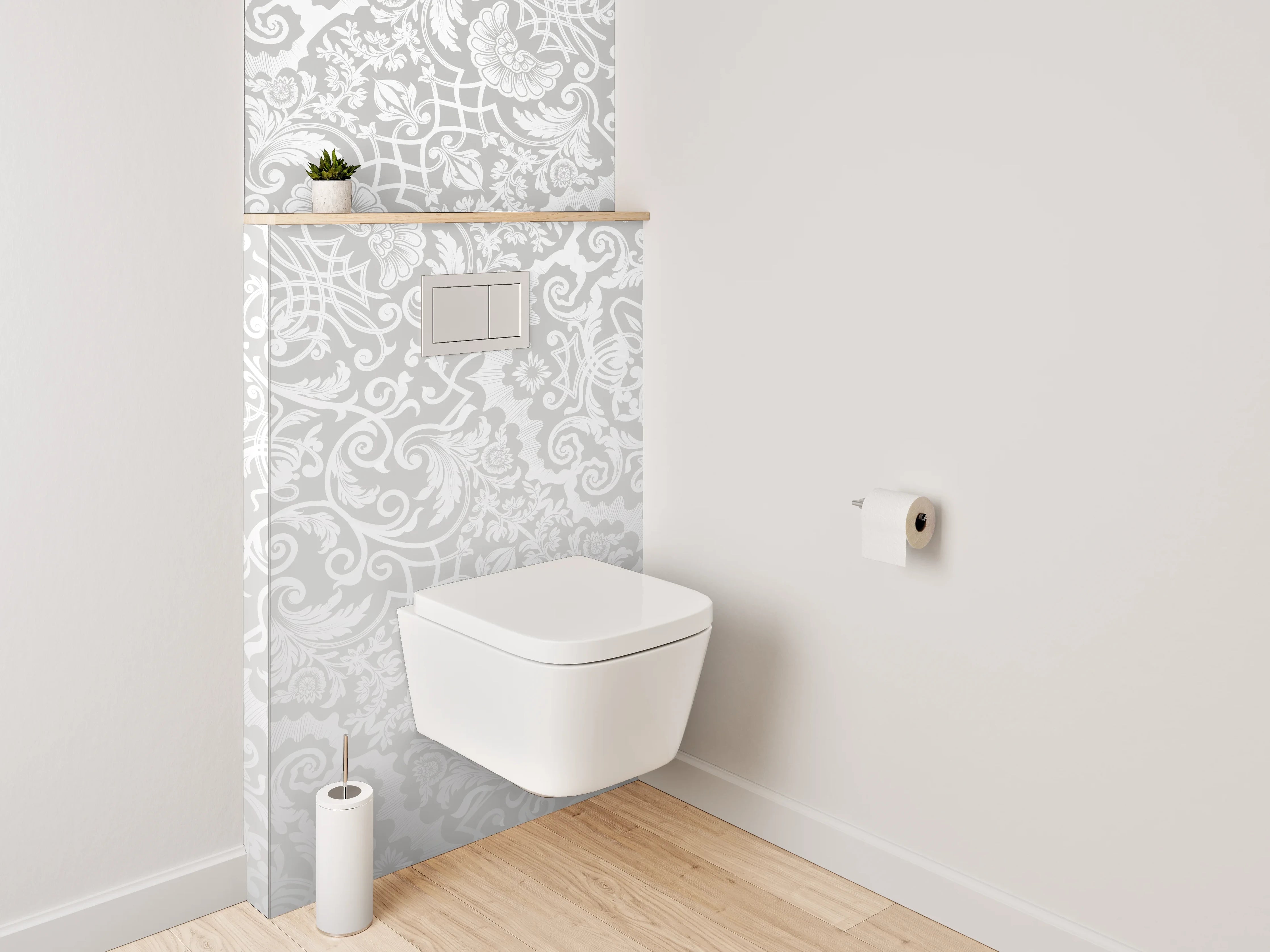WC-Rückwand - Weiß-graues Ornament Muster Wanddesign