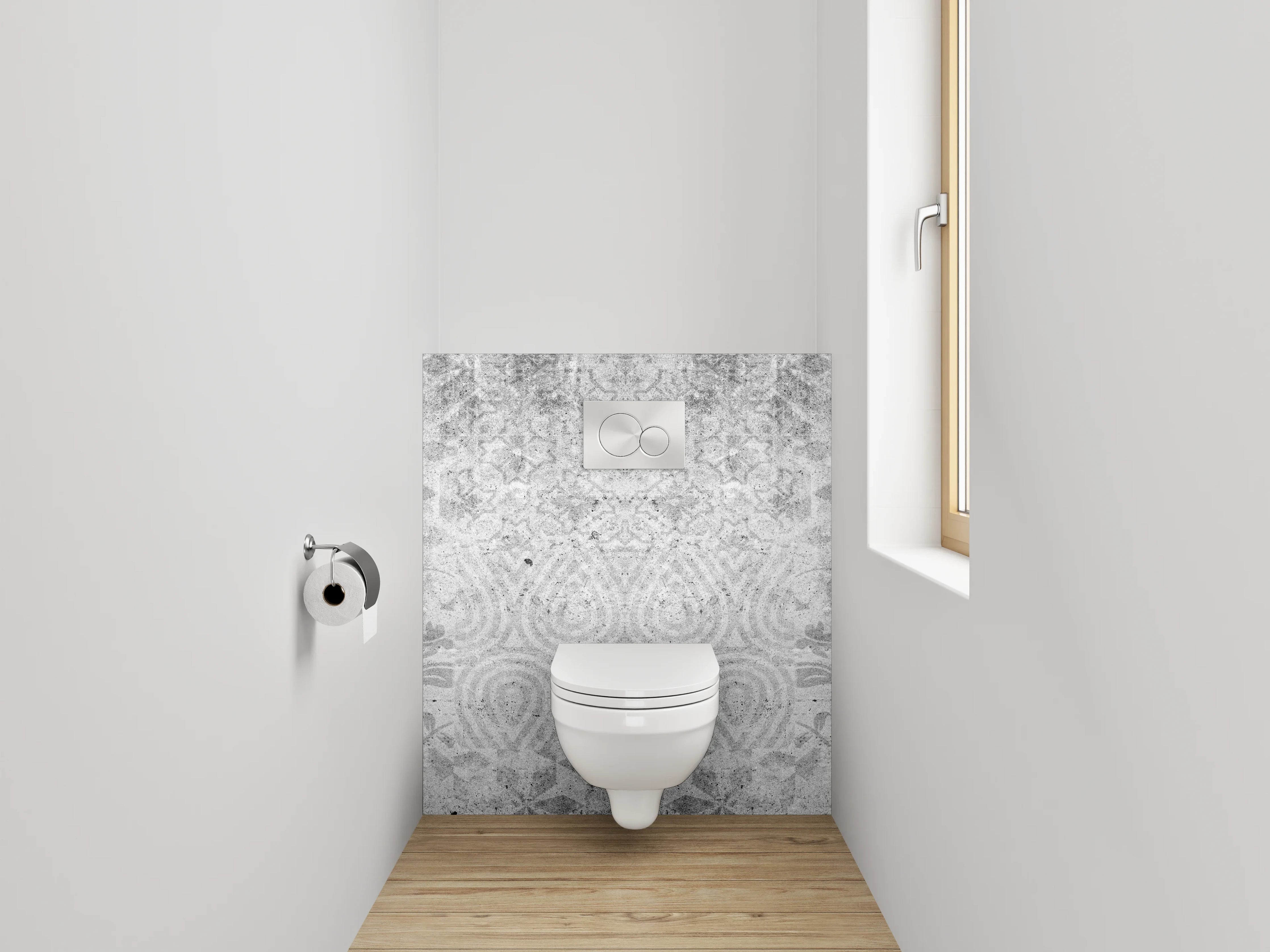 WC-Rückwand - Weiß-graues Ornament-Muster in Marmor-Optik