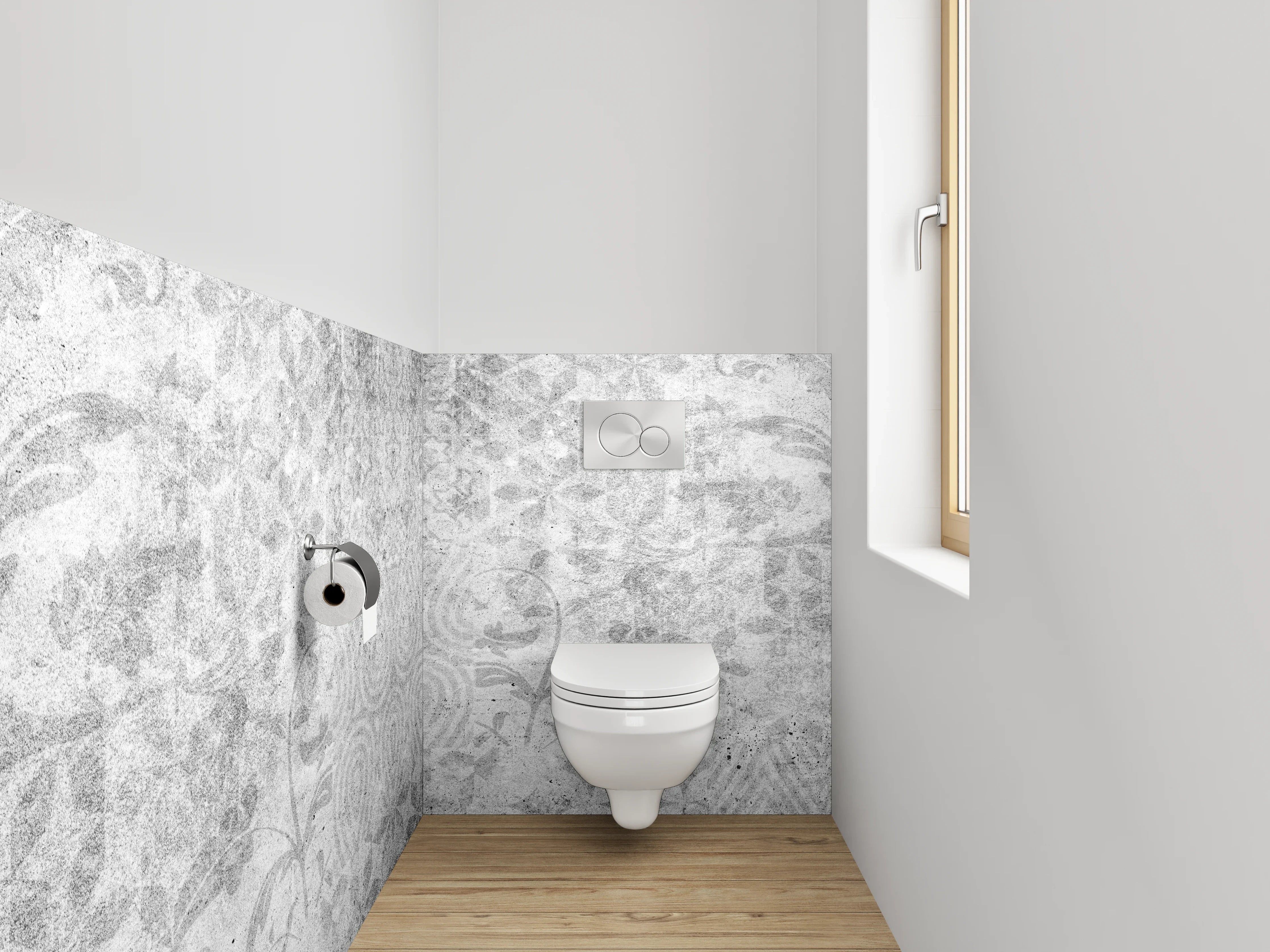 WC-Rückwand - Weiß-graues Ornament-Muster in Marmor-Optik