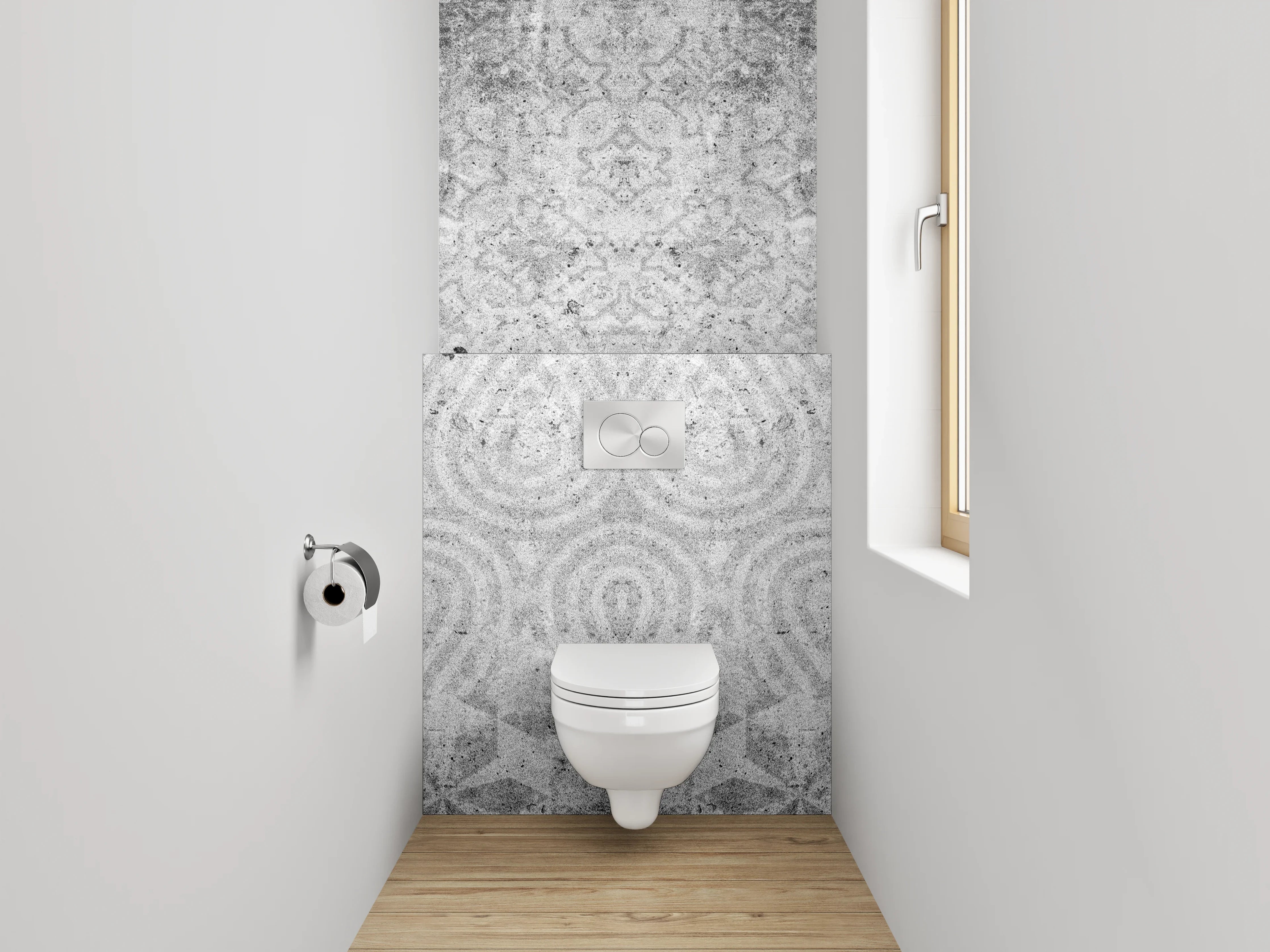 WC-Rückwand - Weiß-graues Ornament-Muster in Marmor-Optik