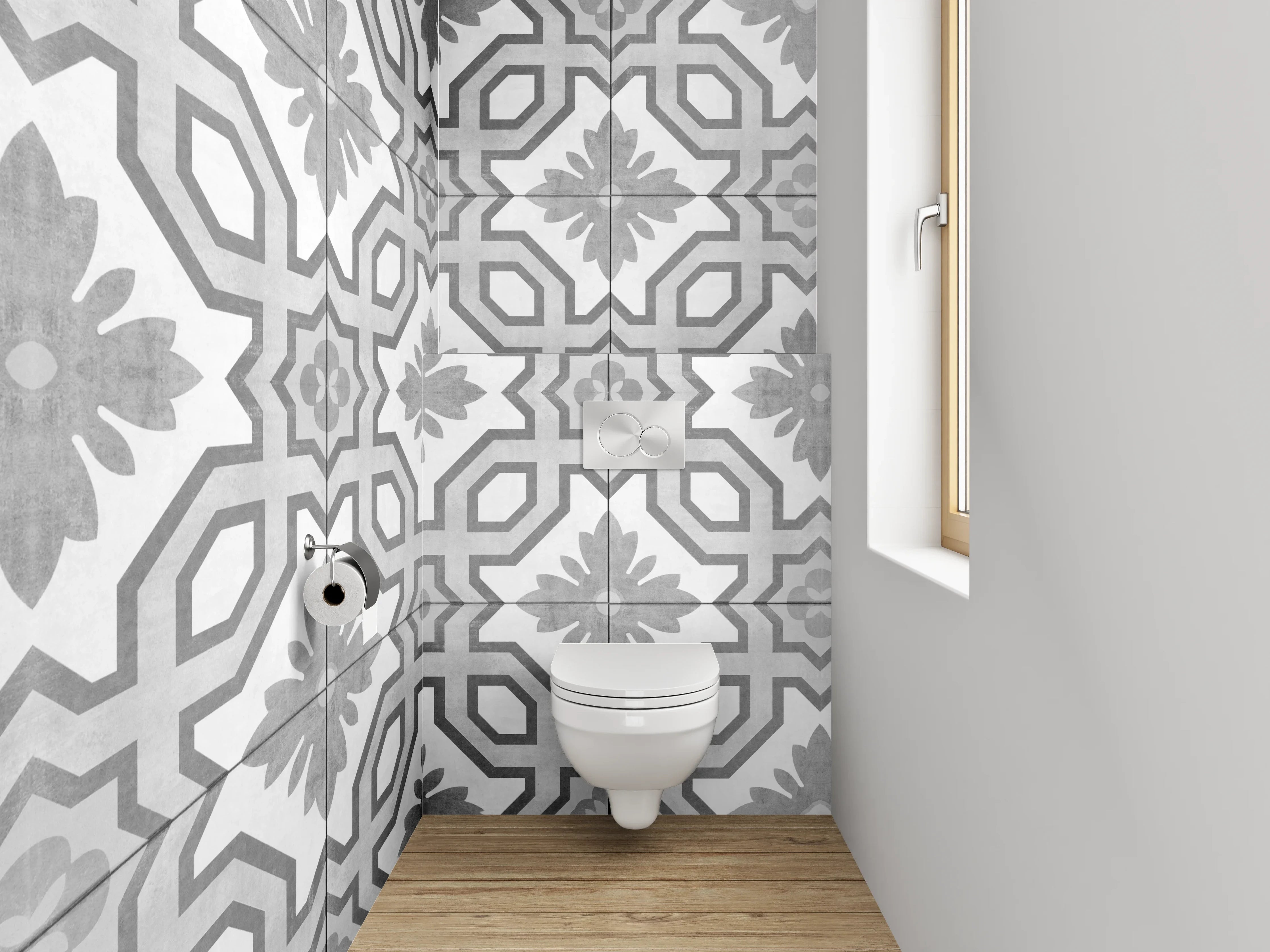 WC-Rückwand - Weiß-graues geometrisches Muster Schwarz-Weiß