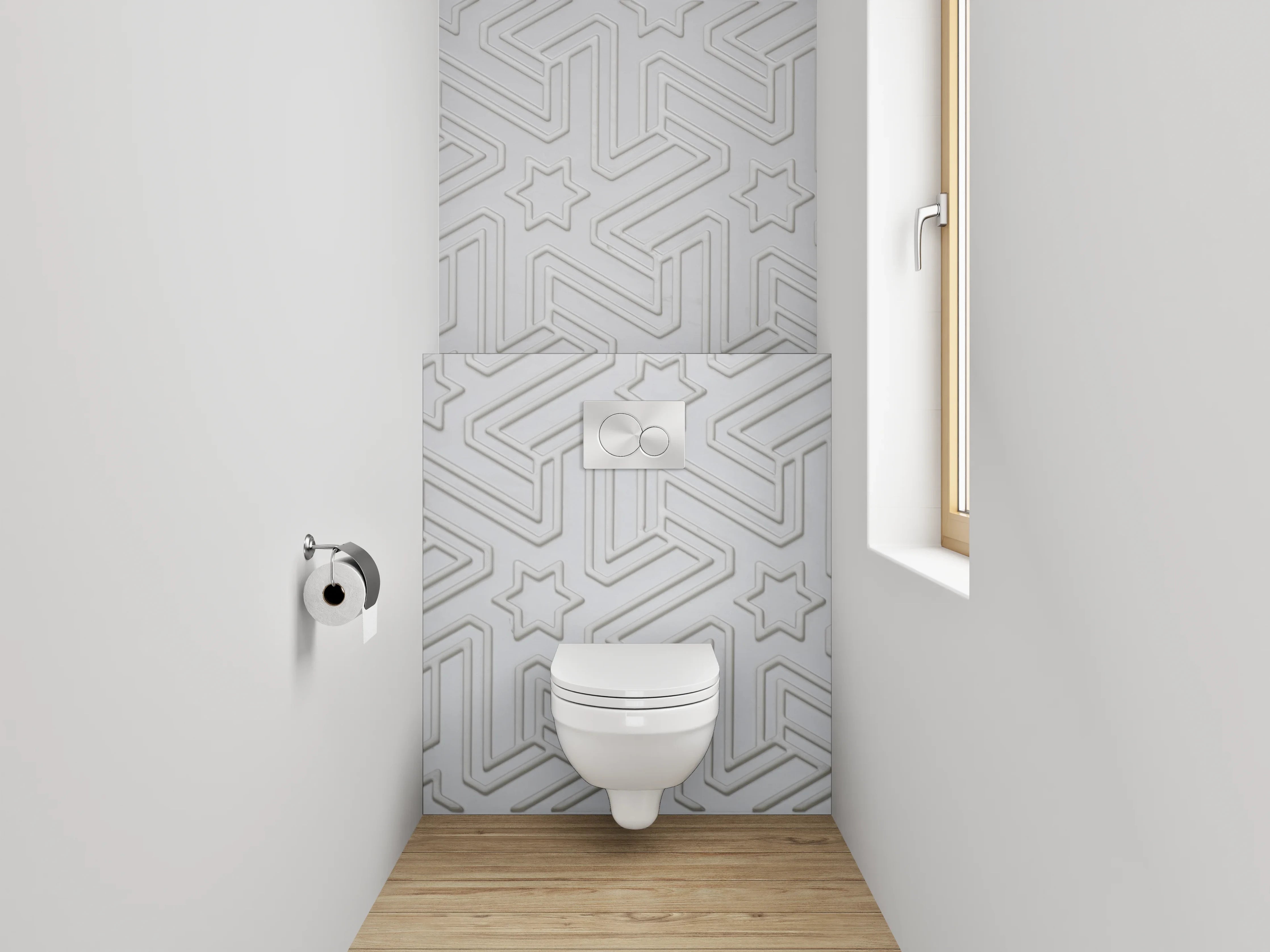 WC-Rückwand - Weiß-graues geometrisches Sternmuster