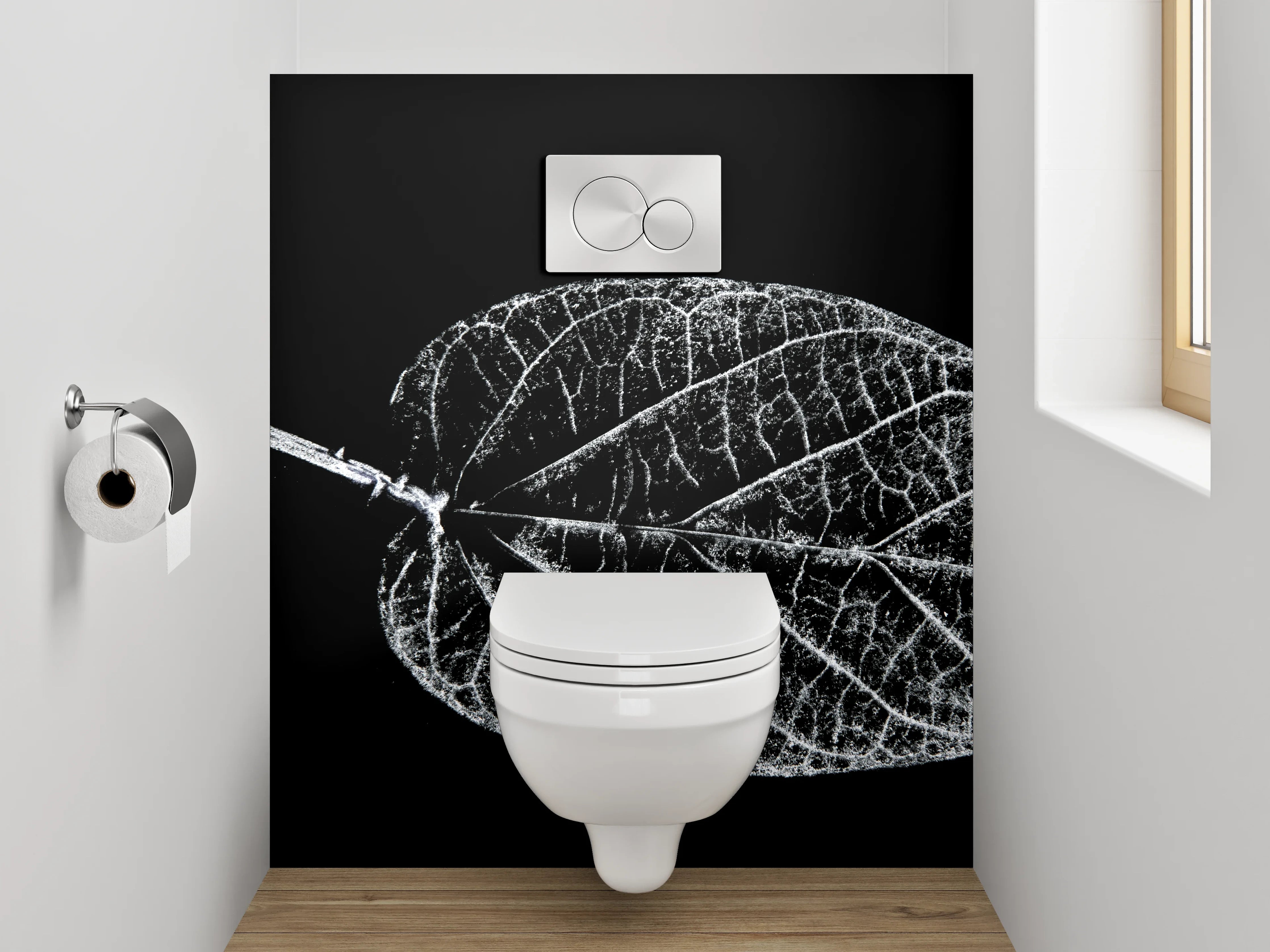 WC-Rückwand - Weiß-schwarzes Blatt in feiner Struktur