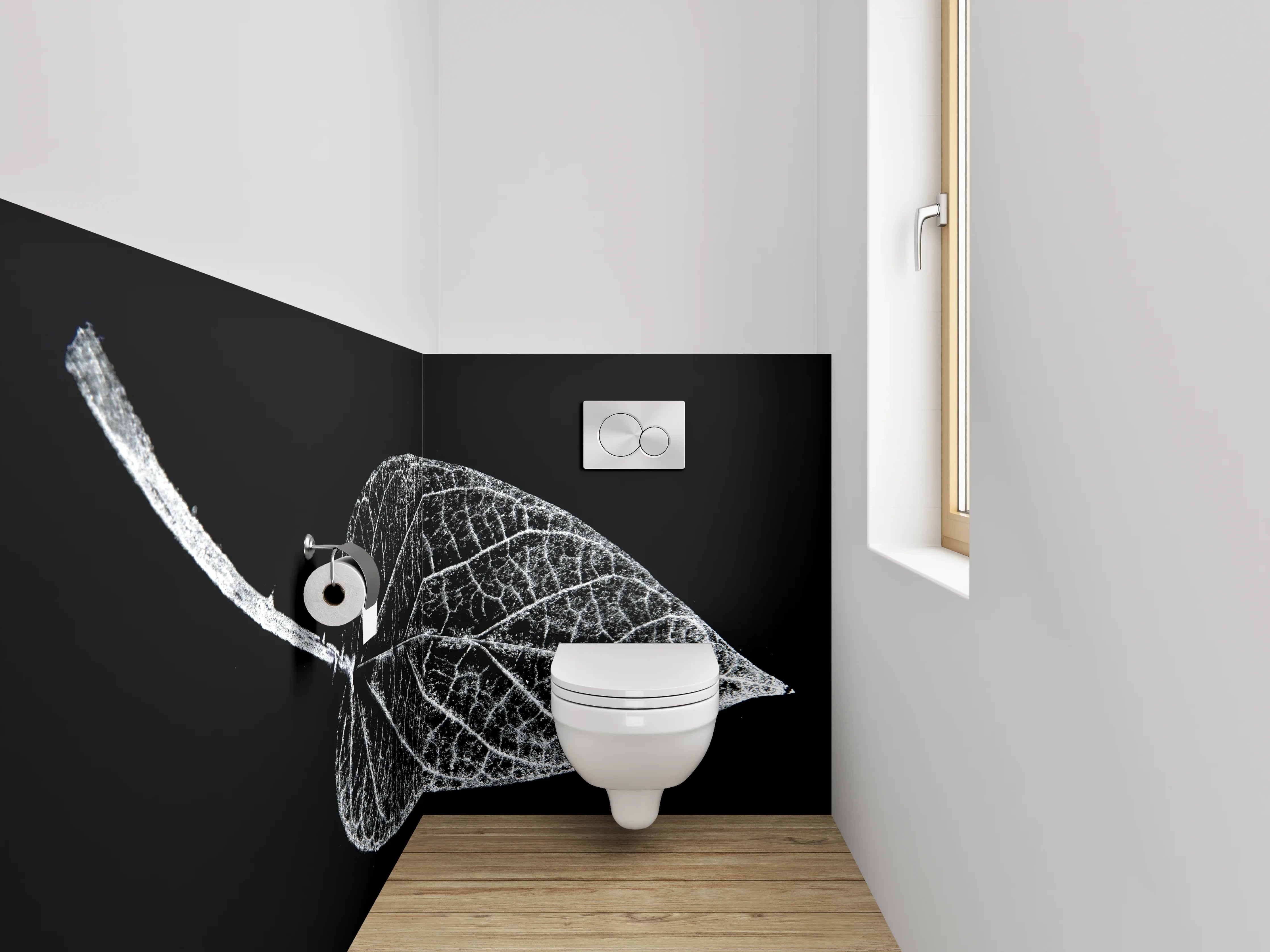 WC-Rückwand - Weiß-schwarzes Blatt in feiner Struktur