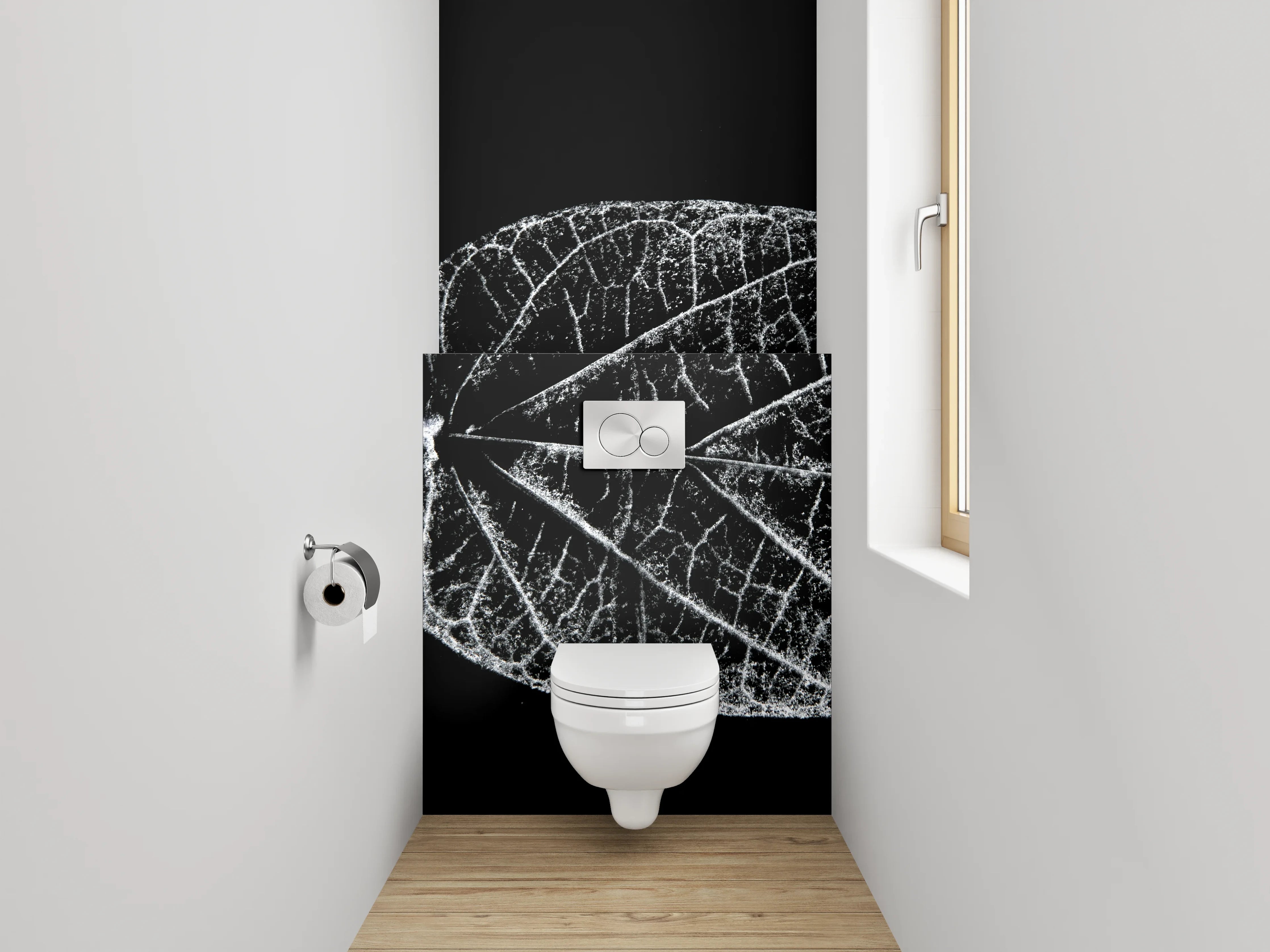WC-Rückwand - Weiß-schwarzes Blatt in feiner Struktur