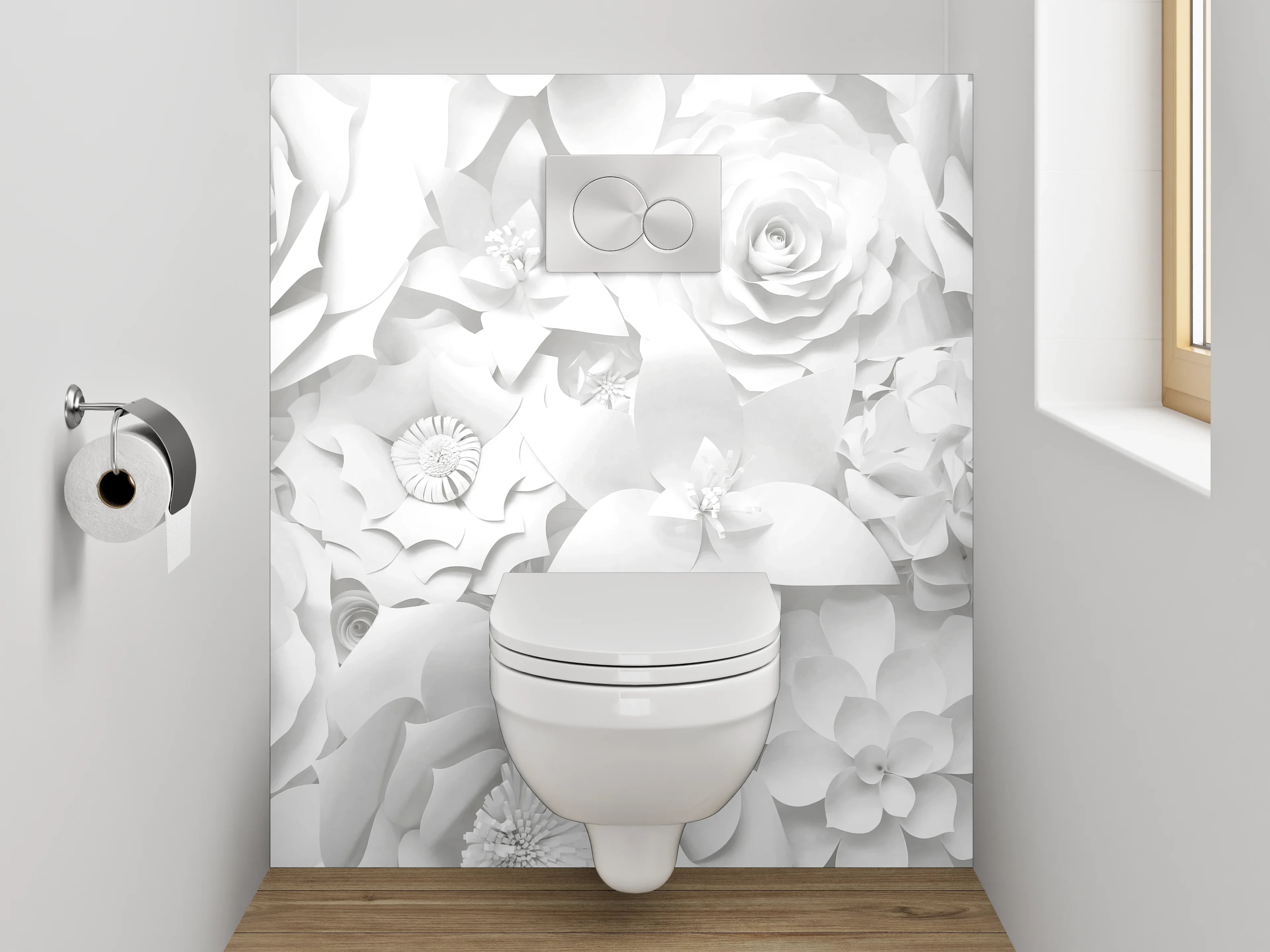 WC-Rückwand - Weiße 3D-Blumen Tapete