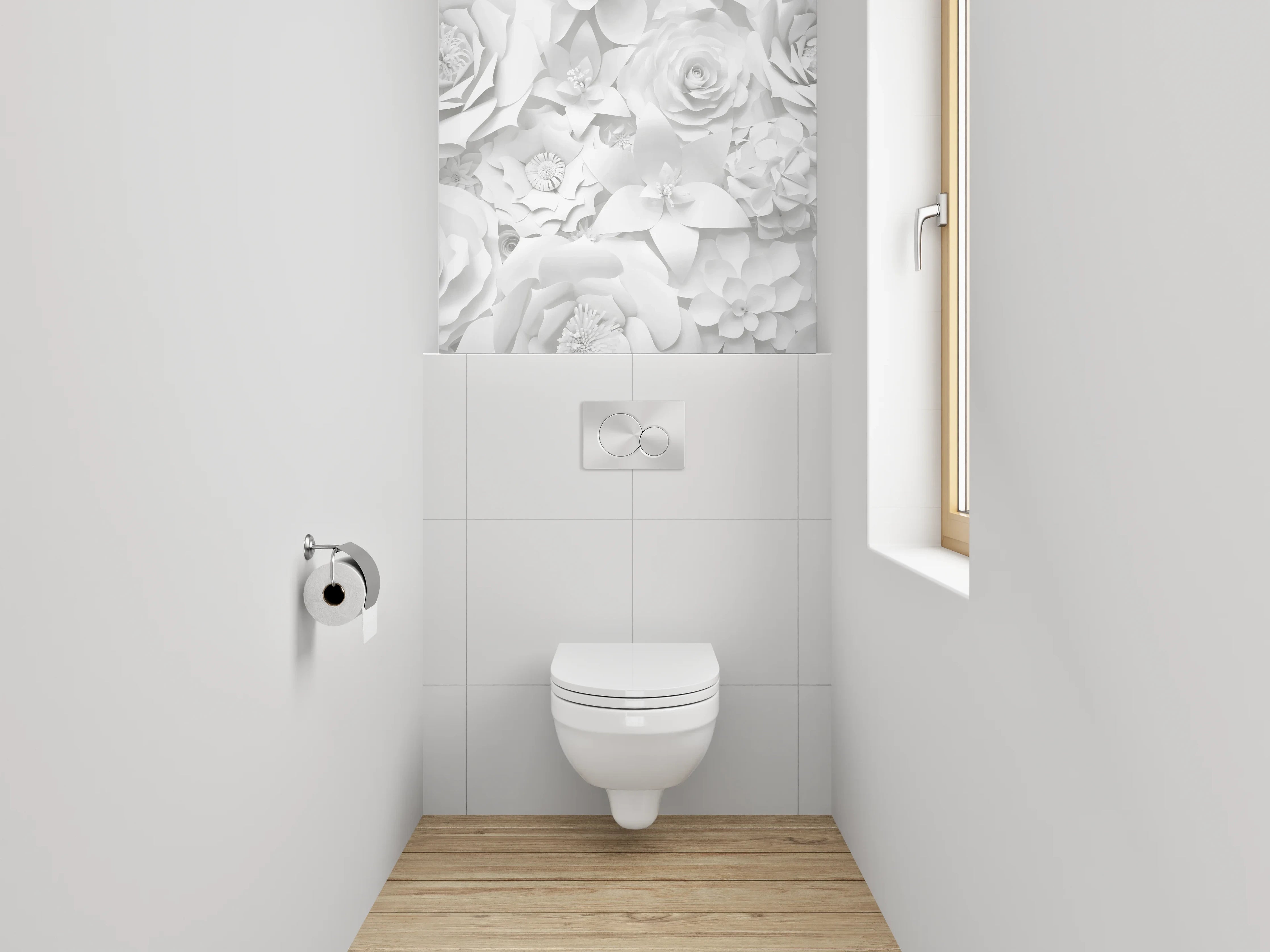 WC-Rückwand - Weiße 3D-Blumen Tapete