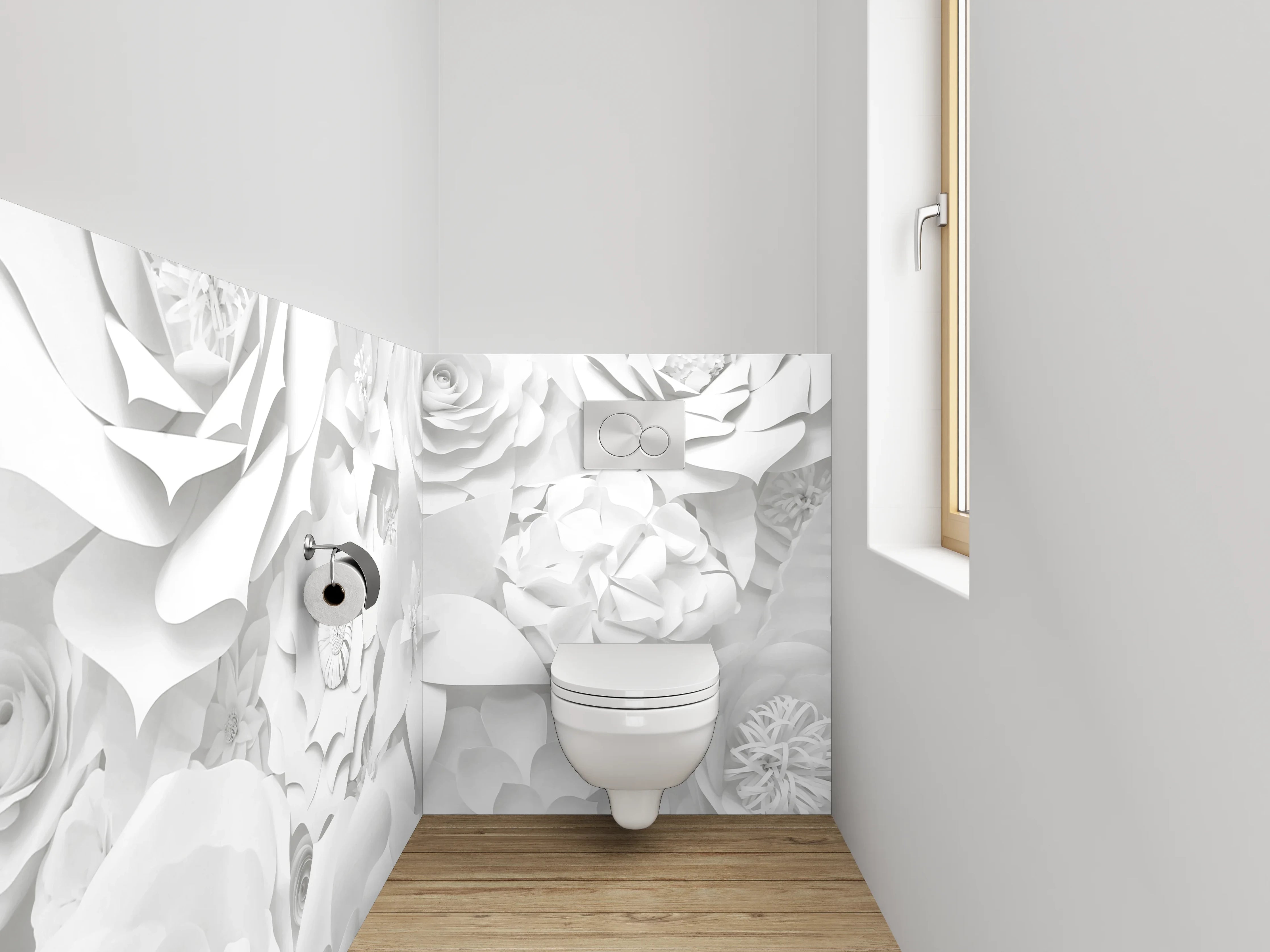 WC-Rückwand - Weiße 3D-Blumen Tapete