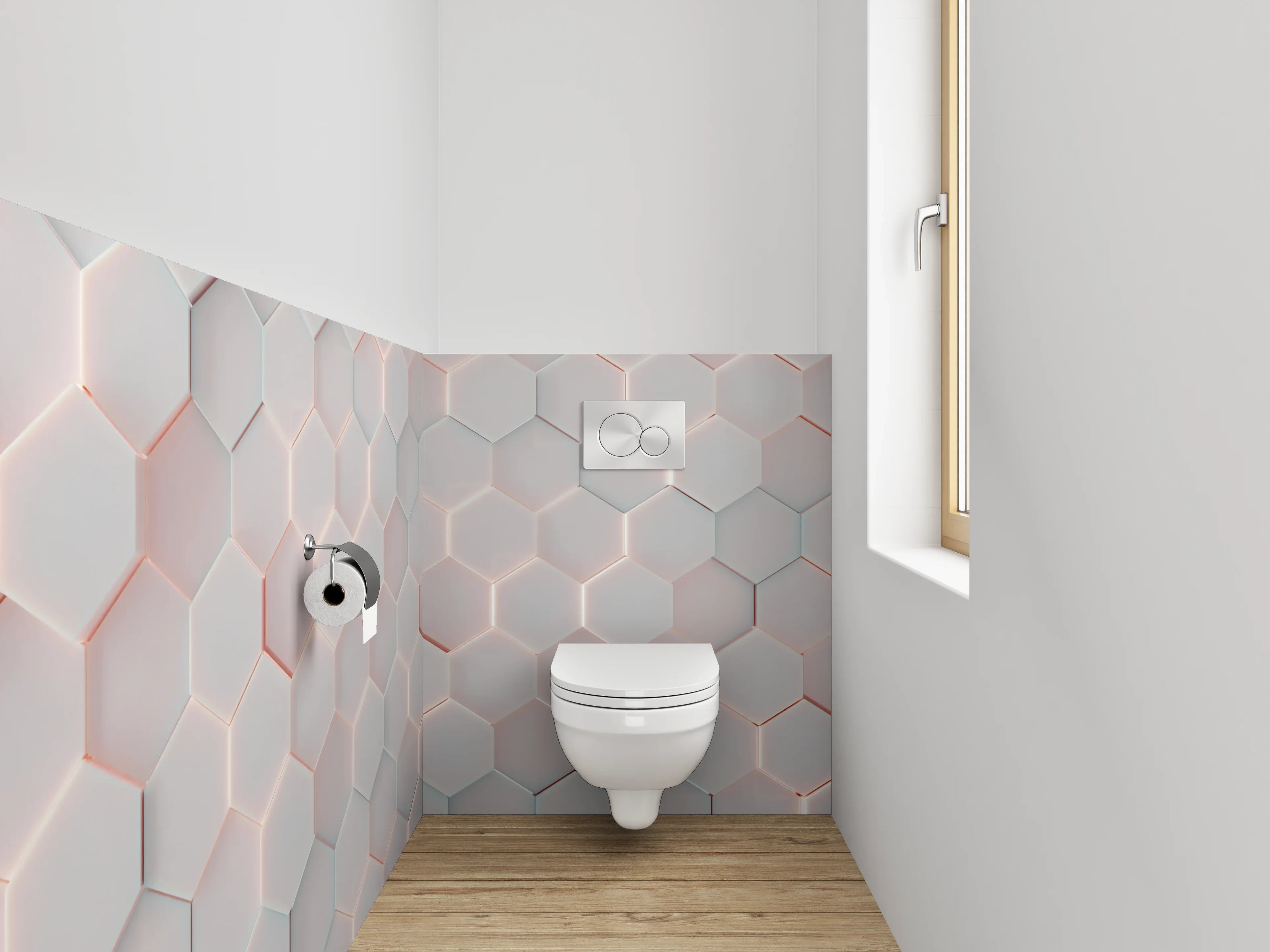 WC-Rückwand - Weiße 3D-Hexagon-Fliesen mit rotem Rand