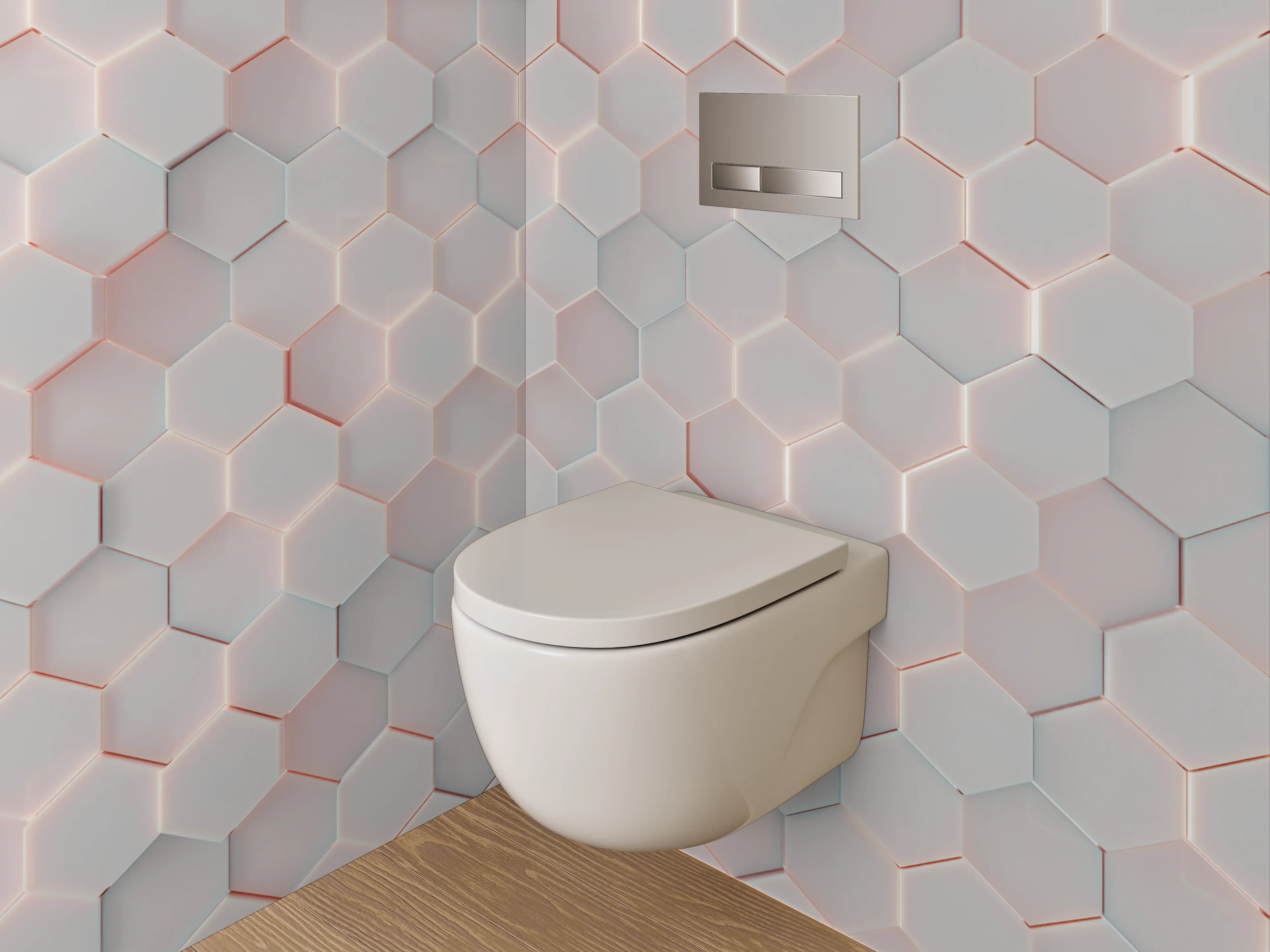 WC-Rückwand - Weiße 3D-Hexagon-Fliesen mit rotem Rand