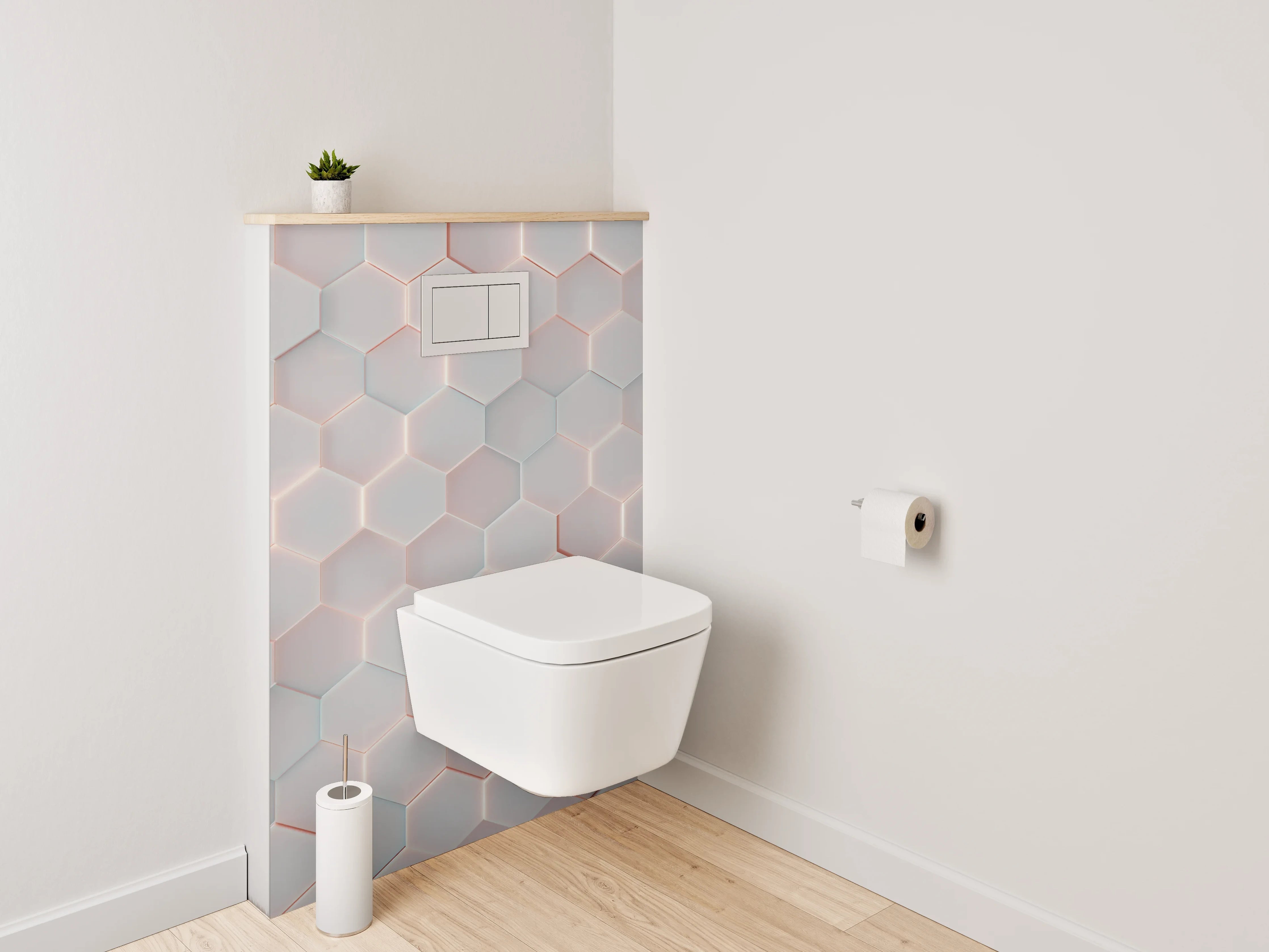 WC-Rückwand - Weiße 3D-Hexagon-Fliesen mit rotem Rand