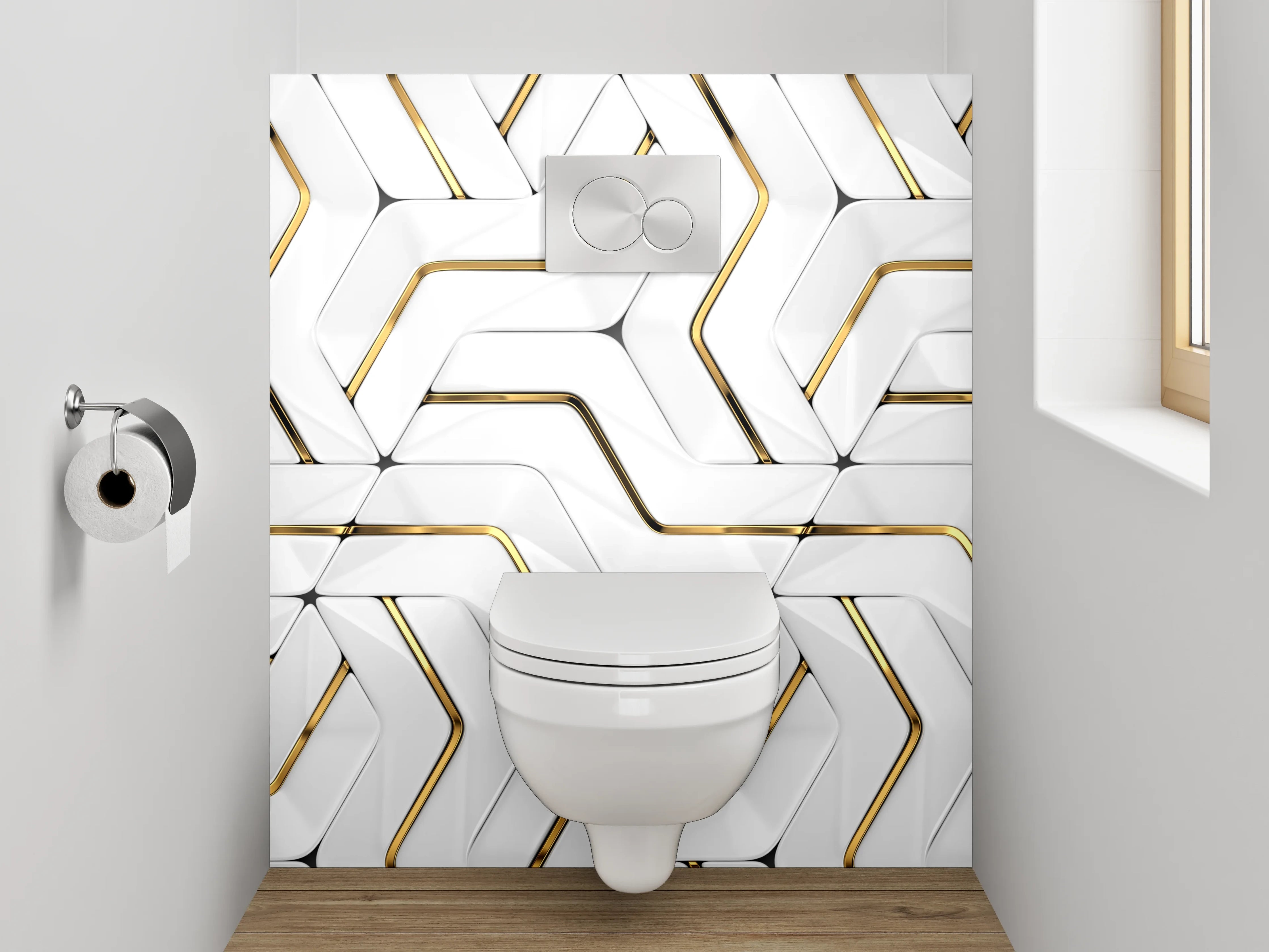 WC-Rückwand - Weiße 3D-Muster-Optik mit Goldakzent