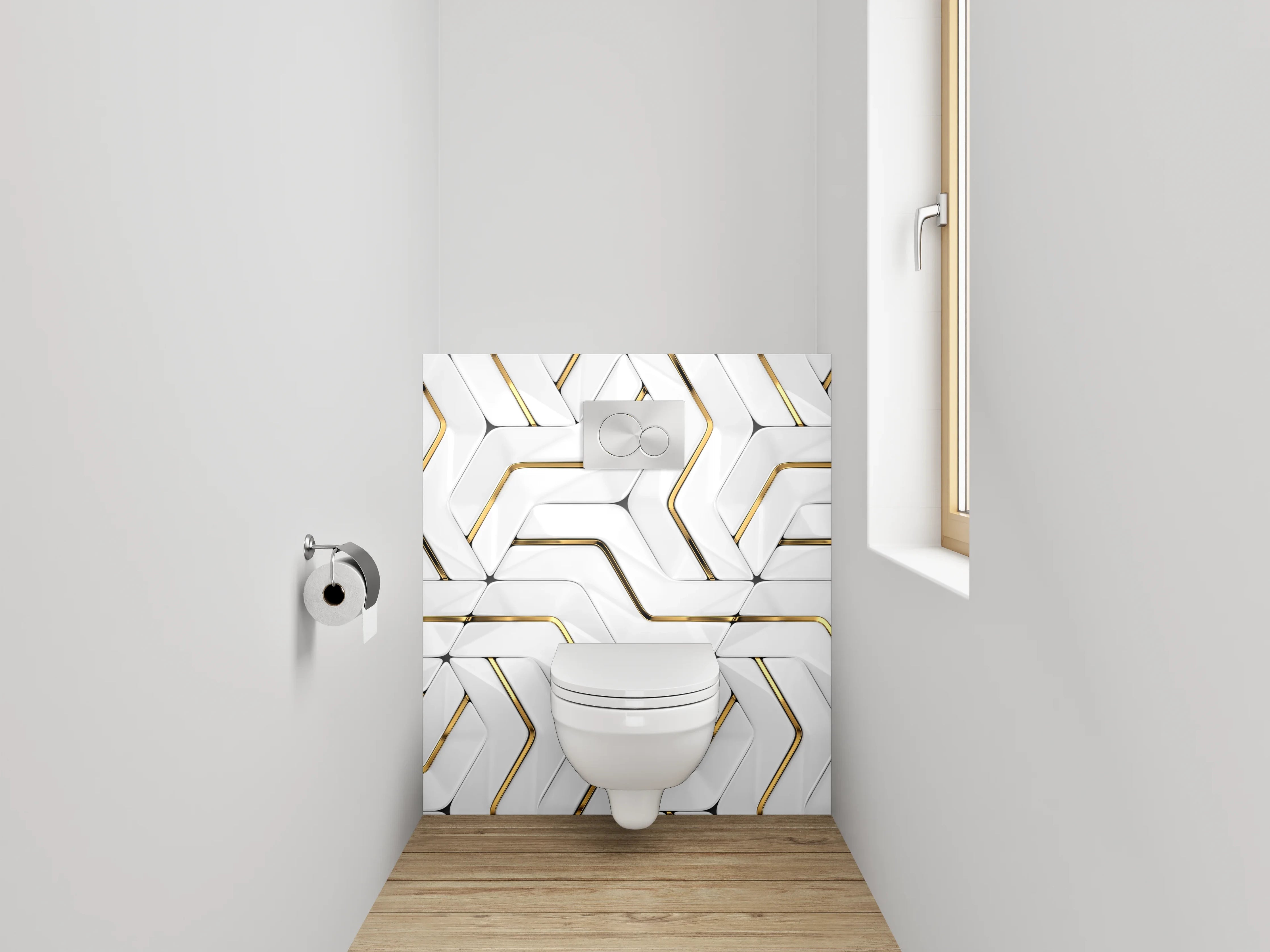 WC-Rückwand - Weiße 3D-Muster-Optik mit Goldakzent