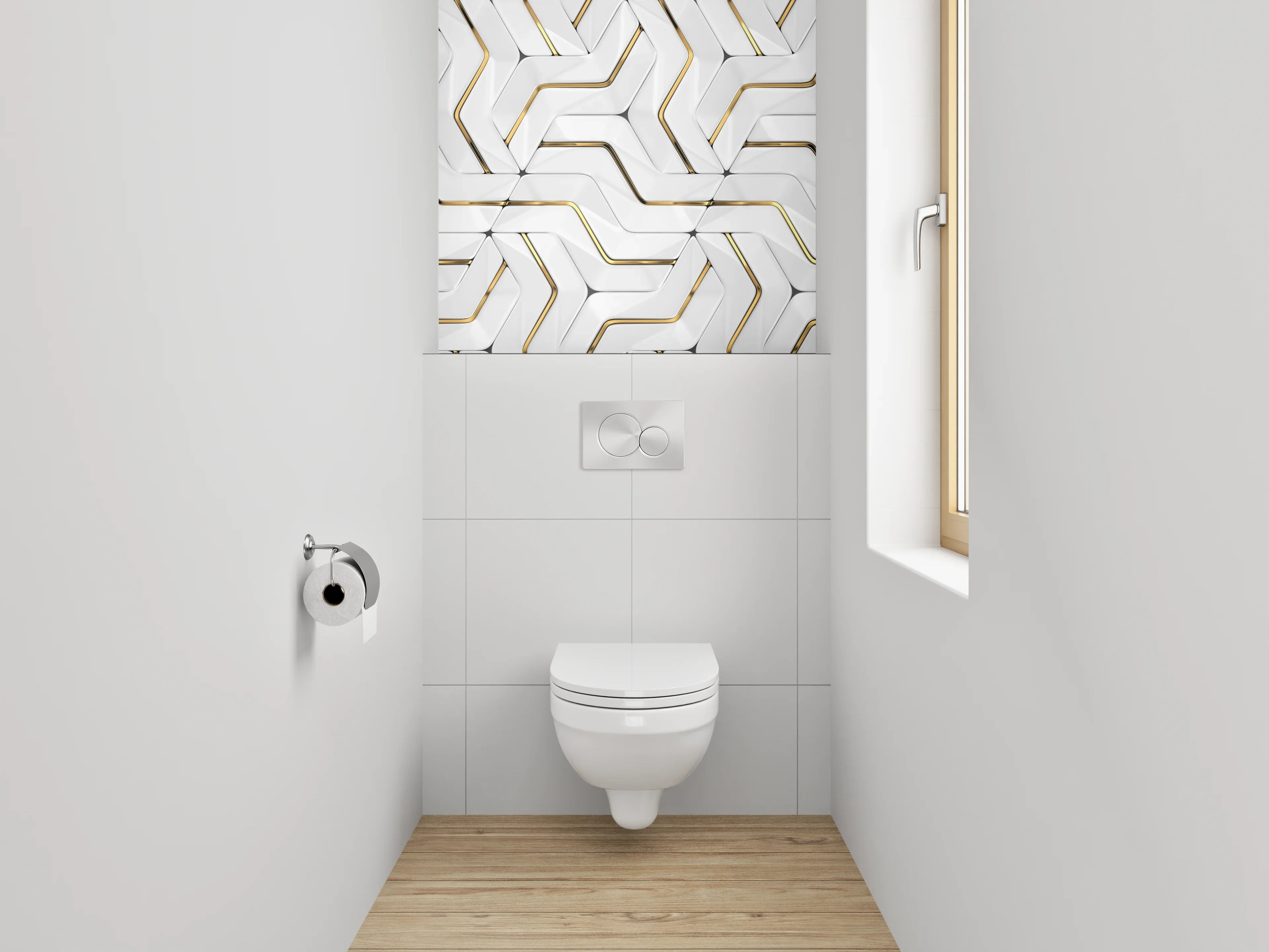 WC-Rückwand - Weiße 3D-Muster-Optik mit Goldakzent