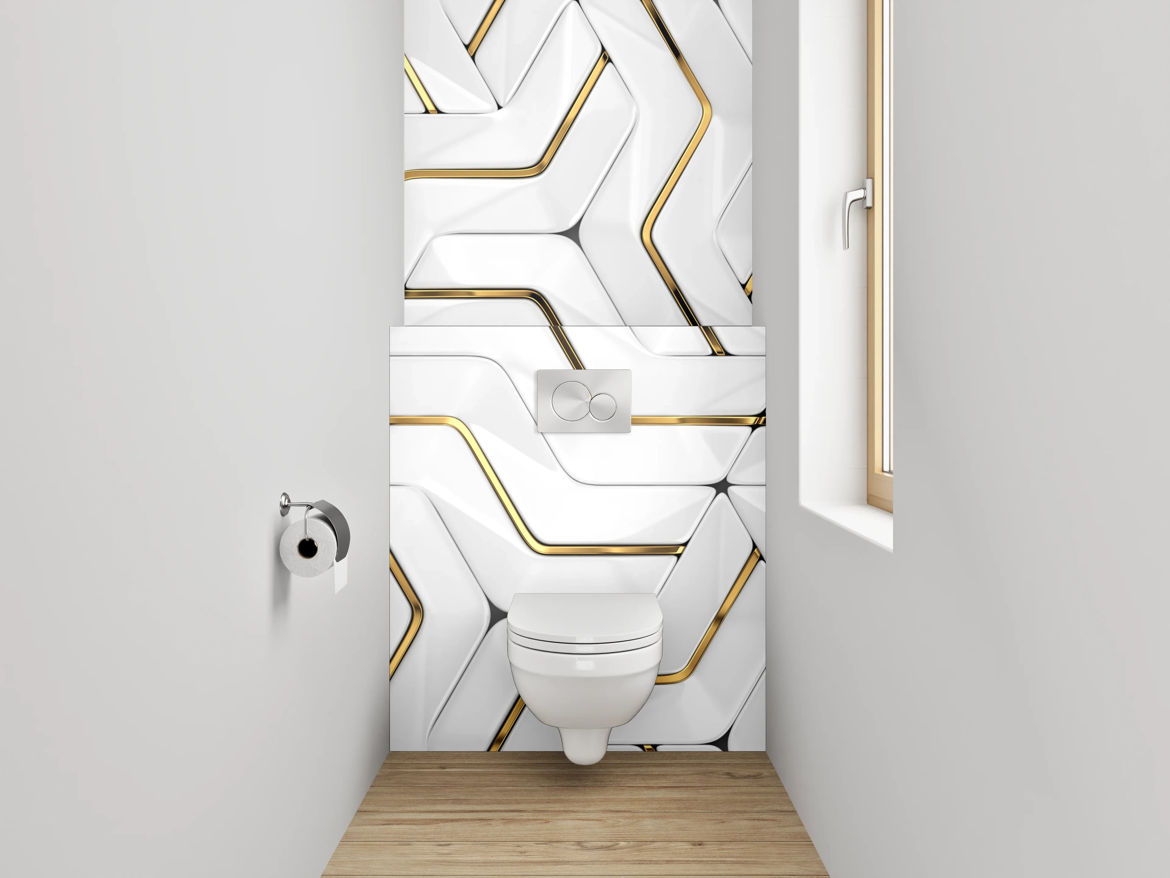 WC-Rückwand - Weiße 3D-Muster-Optik mit Goldakzent