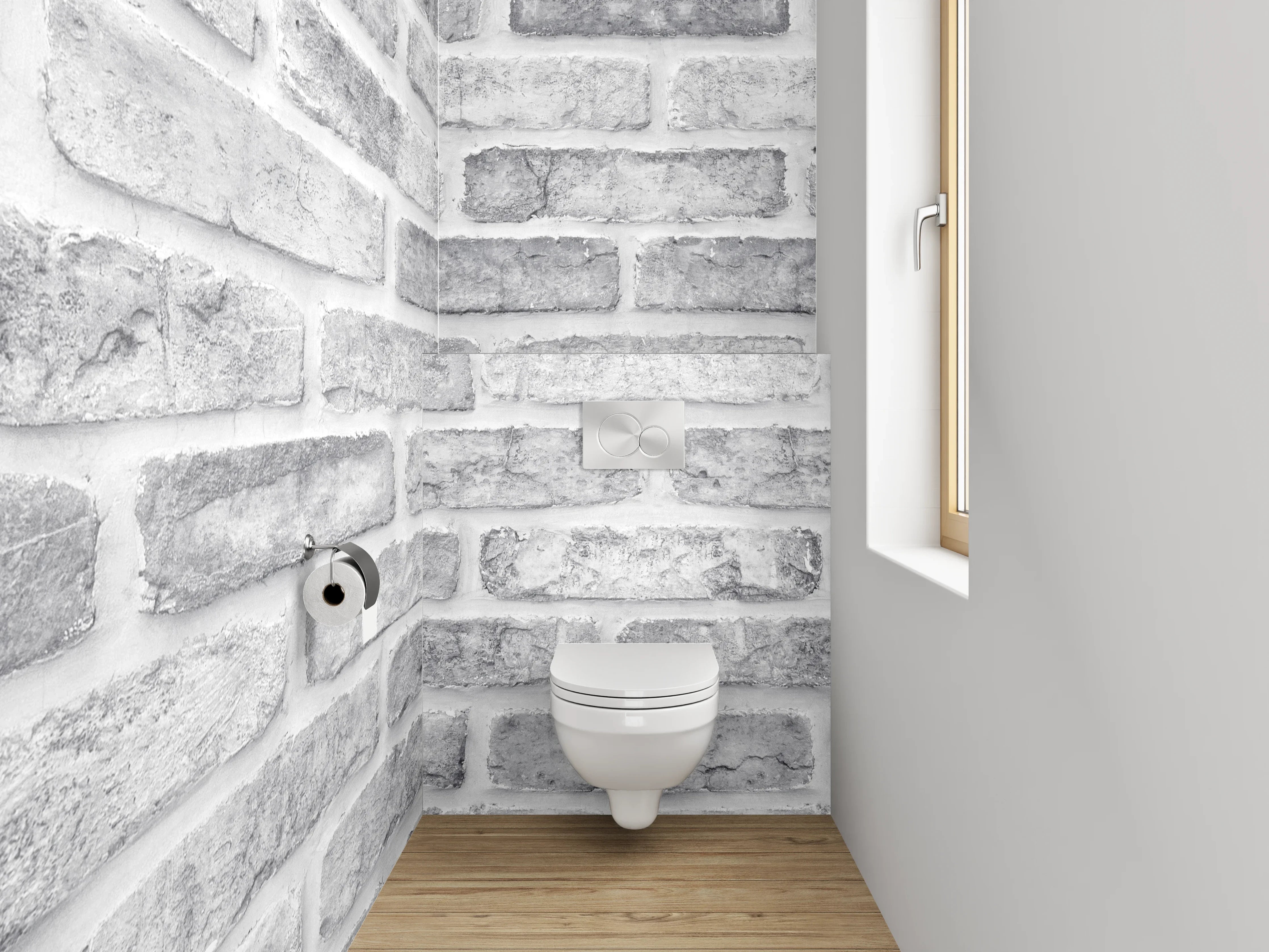 WC-Rückwand - Weiße Backsteinwand in Ziegeloptik
