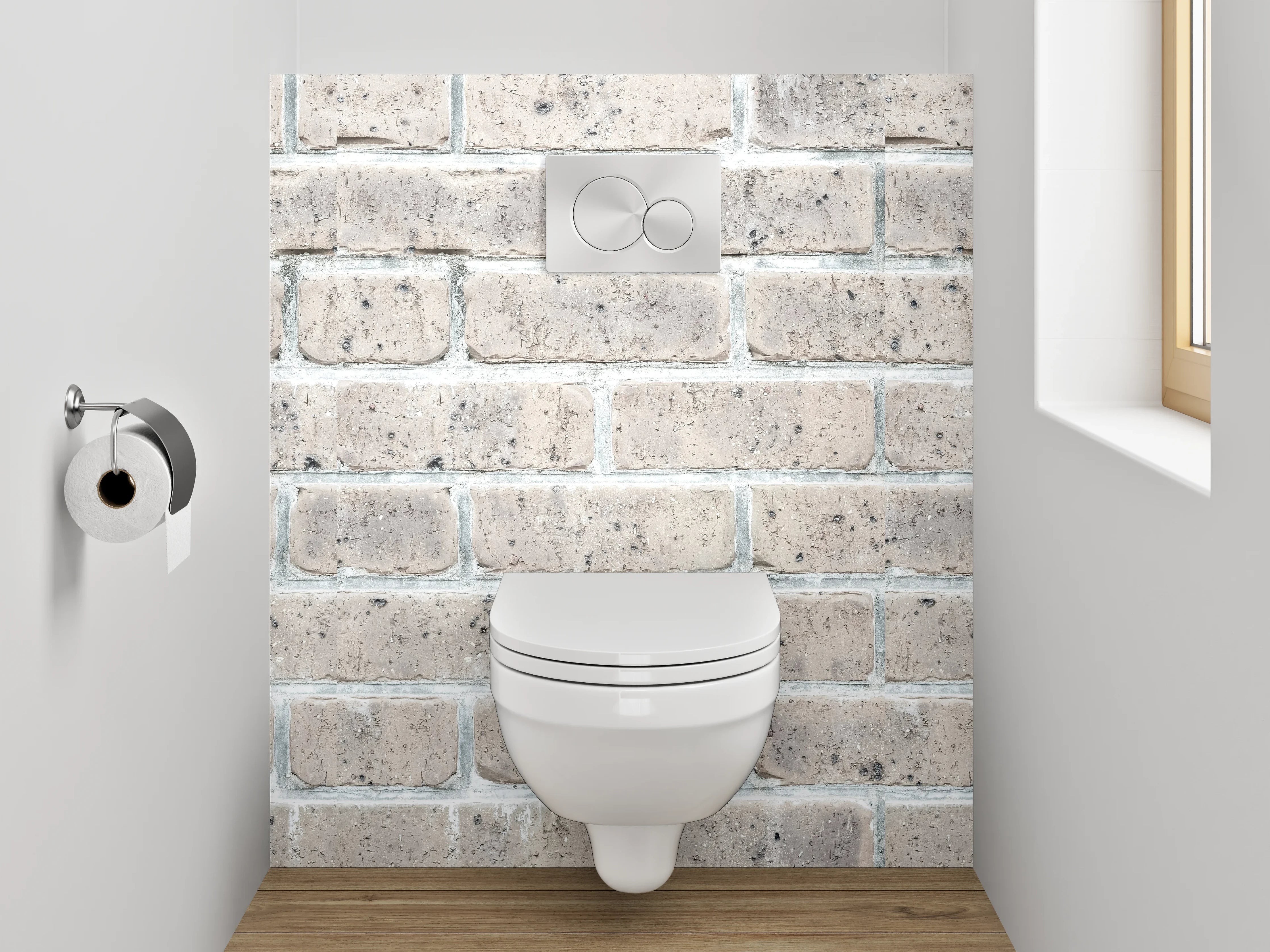 WC-Rückwand - Weiße Backsteinwand mit Betonstruktur